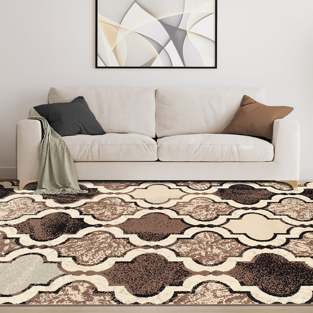 5" X 8" Ivory Quatrefoil Power Loom Distressed Stain Resistant Area Rug
