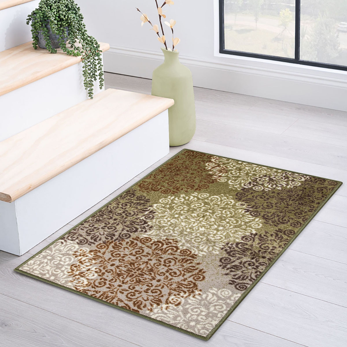 2" X 3" Greens And Browns Floral Power Loom Non Skid Area Rug