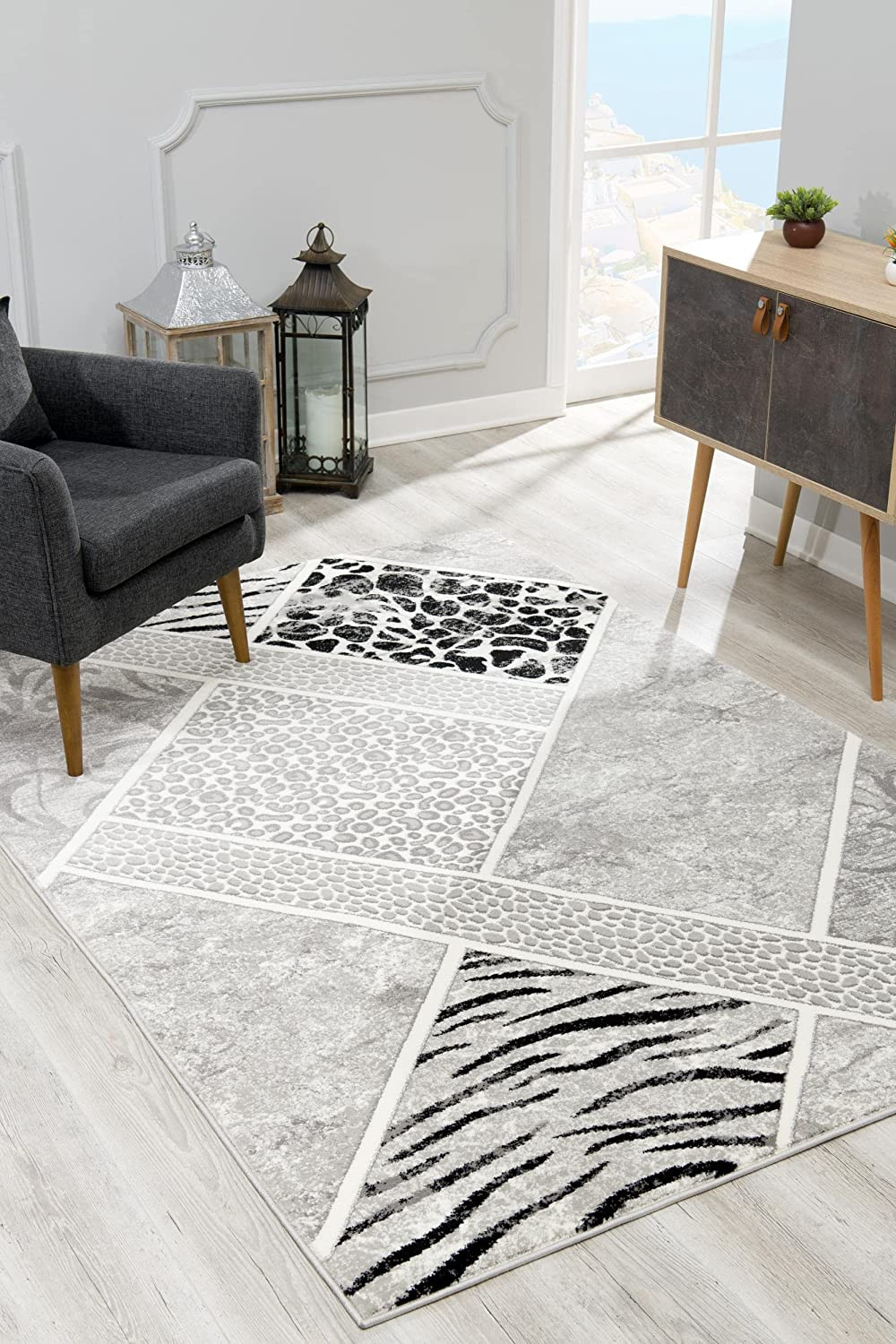 8" X 11" Grey Geometric Power Loom Stain Resistant Area Rug
