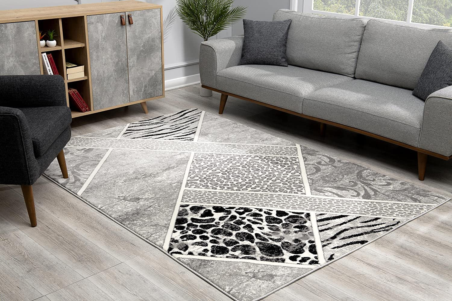 7" X 9" Grey Geometric Power Loom Stain Resistant Area Rug