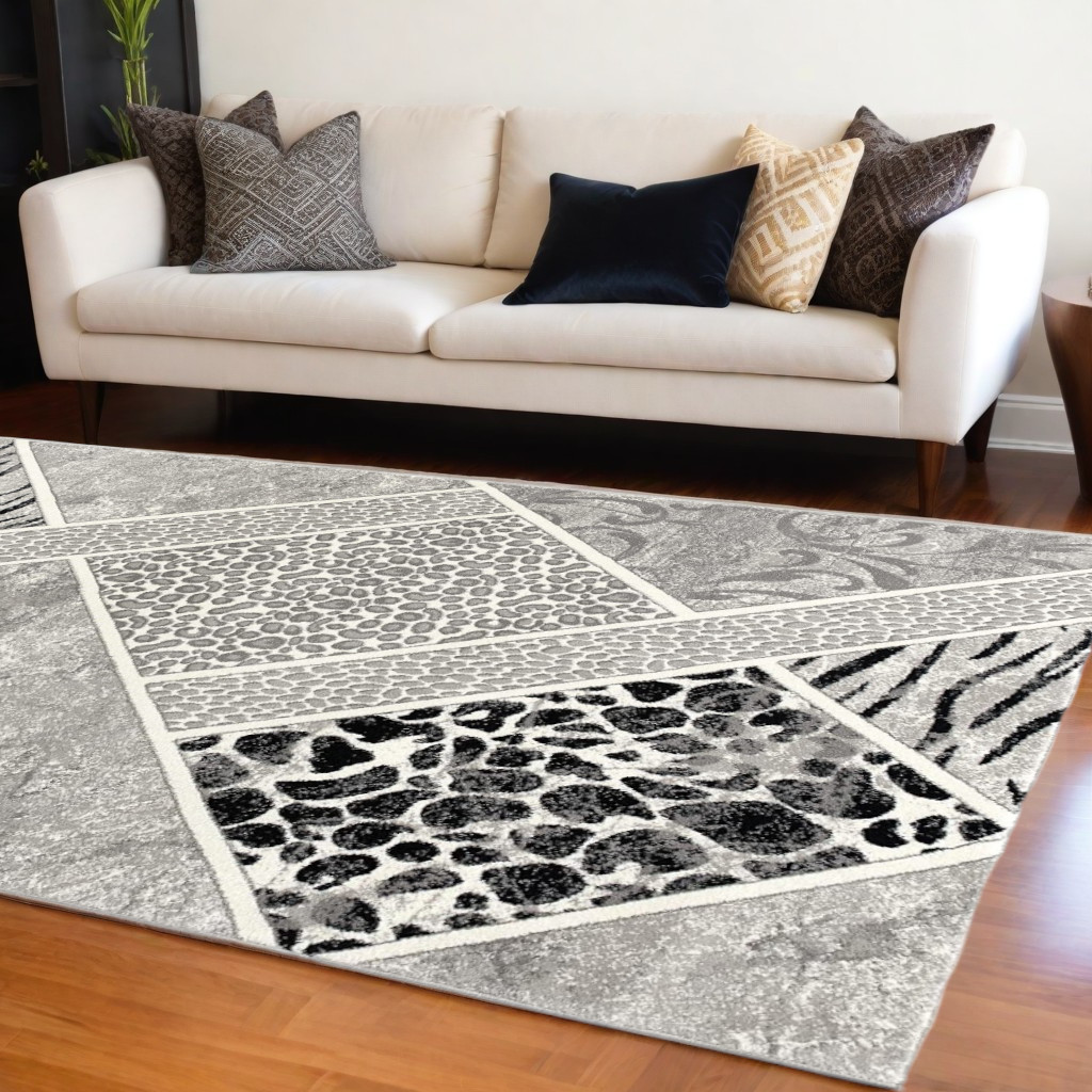 7" X 9" Grey Geometric Power Loom Stain Resistant Area Rug
