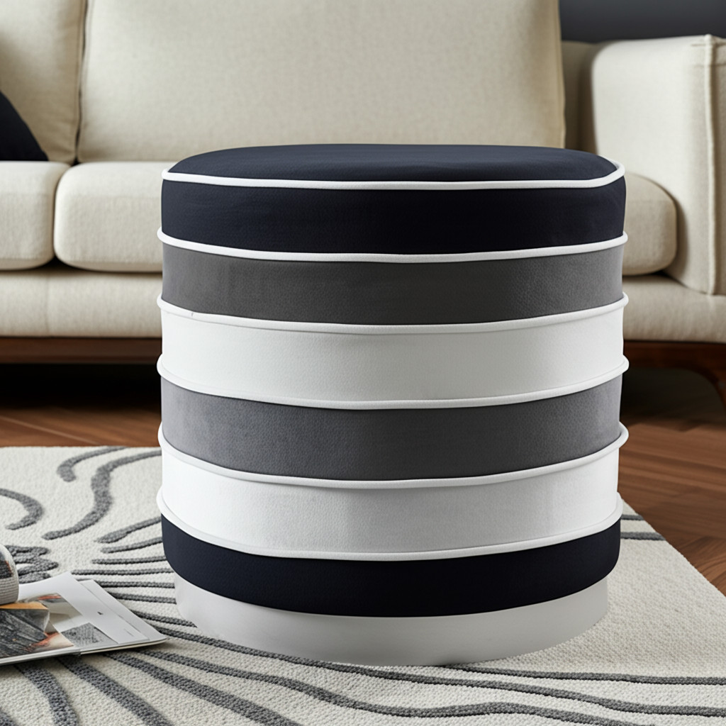 18" Black Gray And Silver Striped Velvet Round Ottoman-487755-1