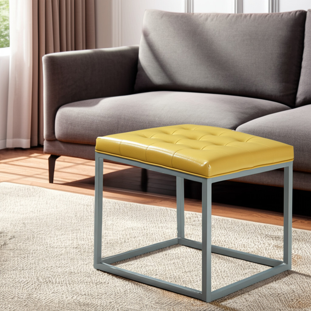 18" Yellow Faux Leather And Gray Cube Ottoman-487775-1