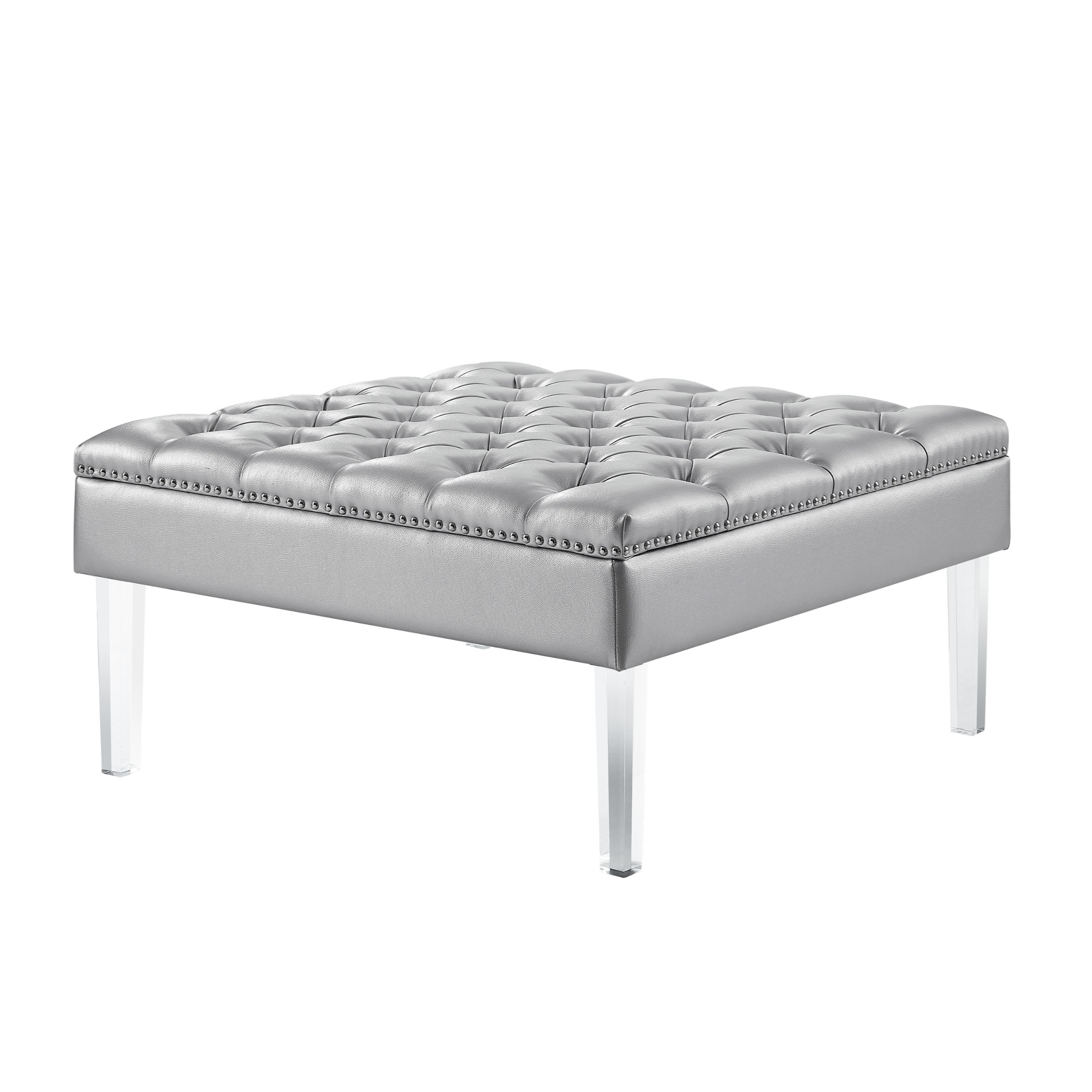 35" Silver Faux Leather And Clear Tufted Cocktail Ottoman-487784-1