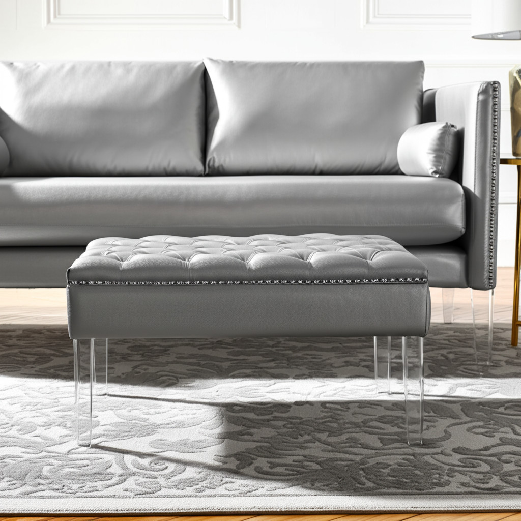 35" Silver Faux Leather And Clear Tufted Cocktail Ottoman-487784-1