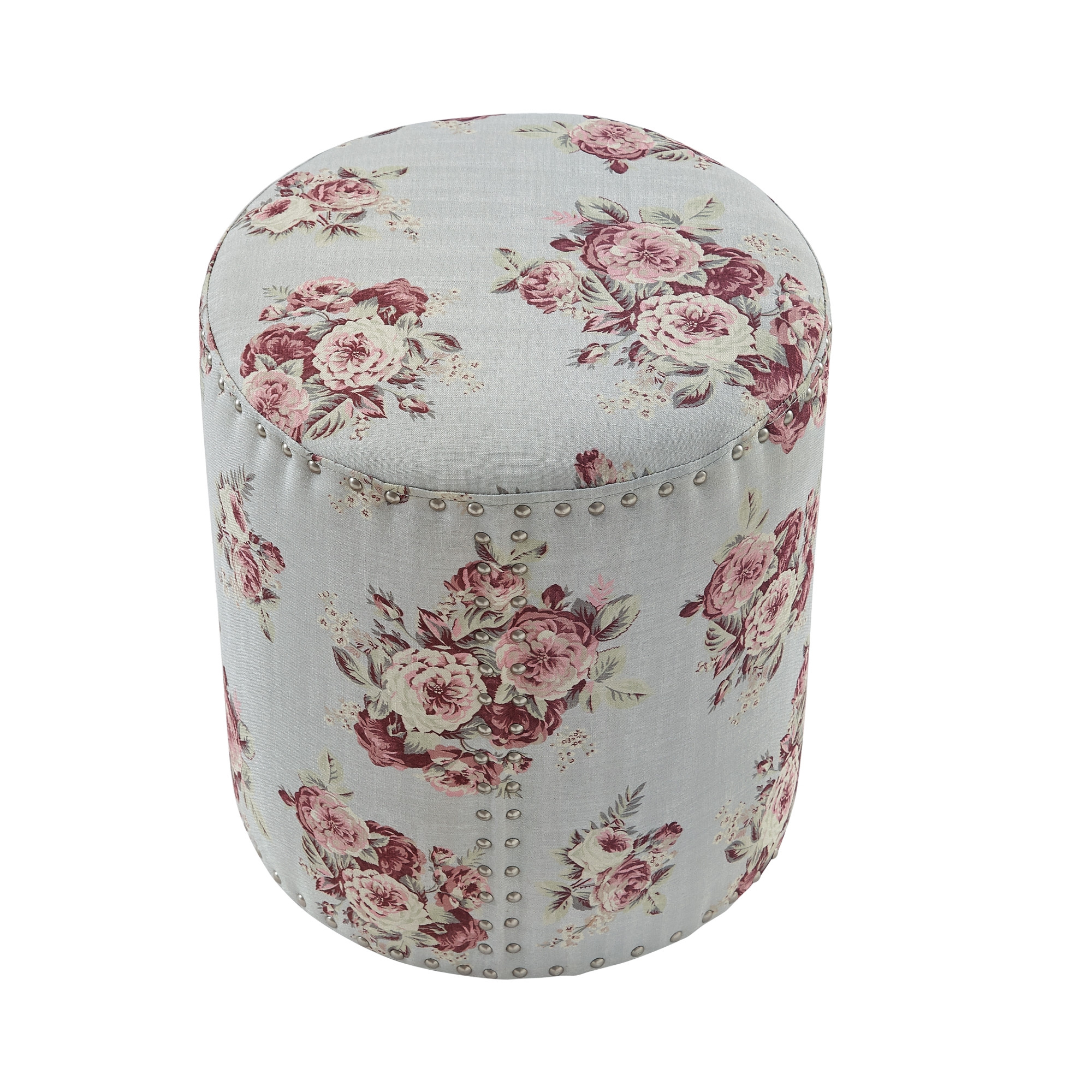 18" Pink Linen Round Floral Ottoman-487836-1