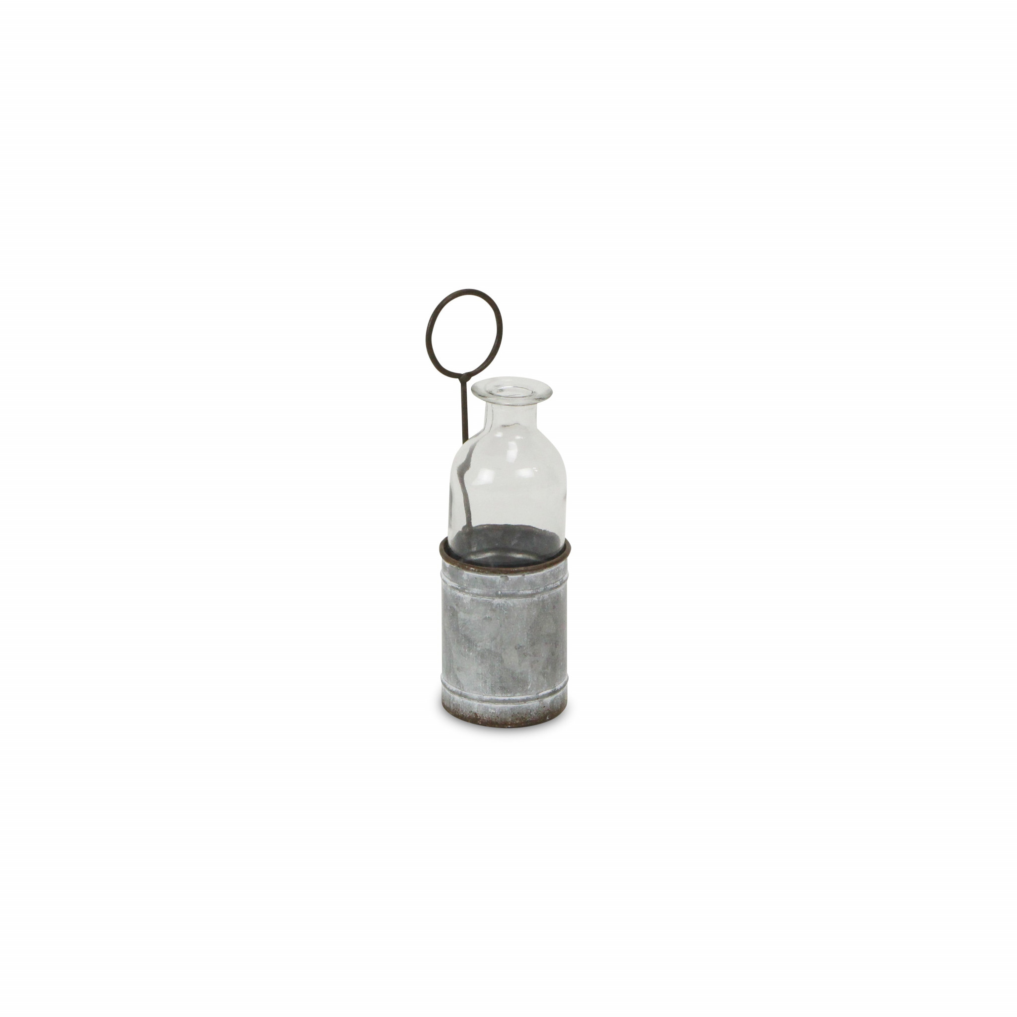 8"" Gray Galvanized Metal And Glass Jar Holder