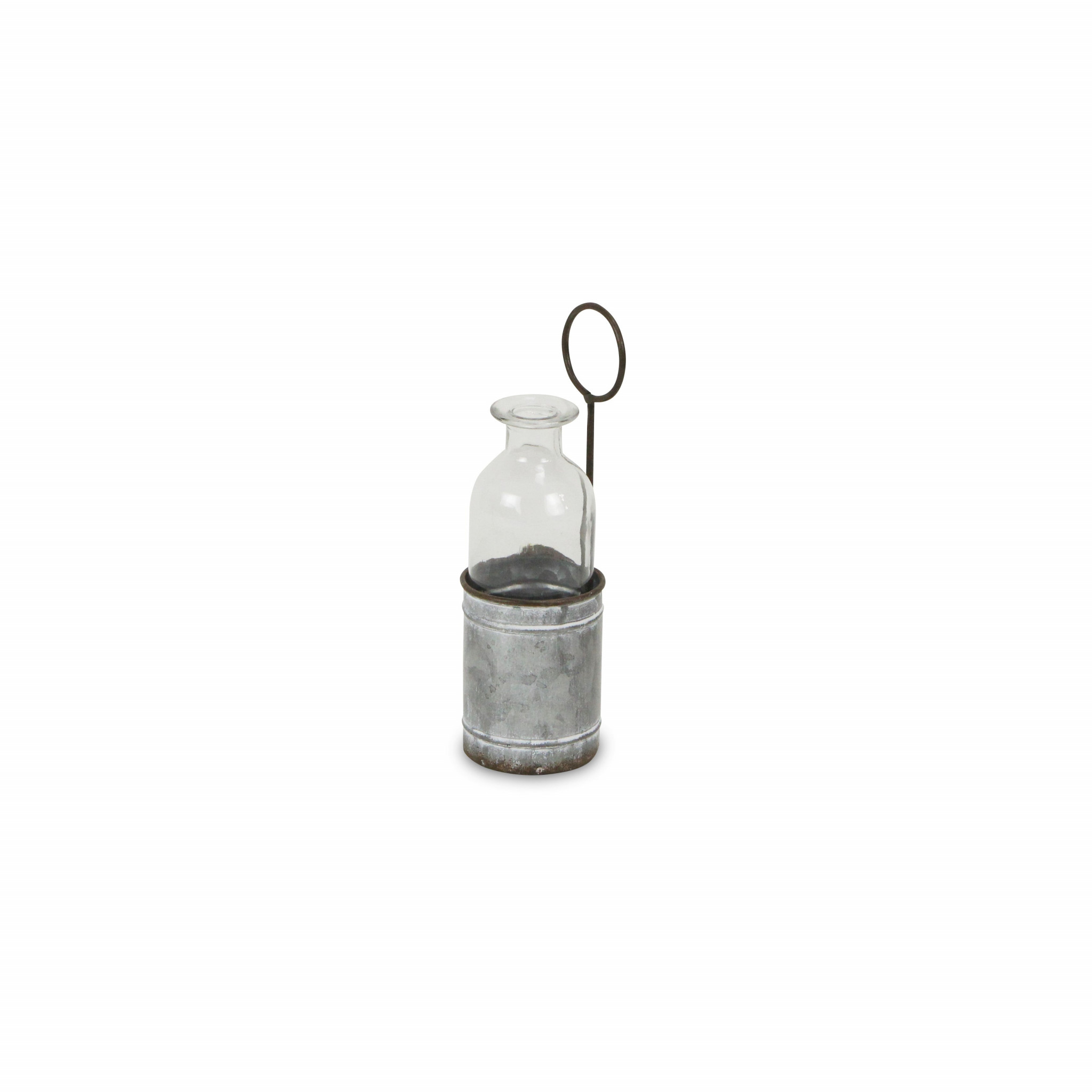 8"" Gray Galvanized Metal And Glass Jar Holder