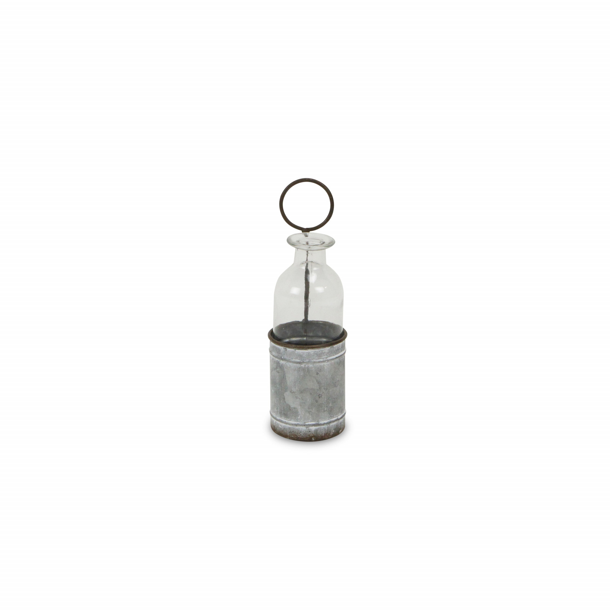 8"" Gray Galvanized Metal And Glass Jar Holder