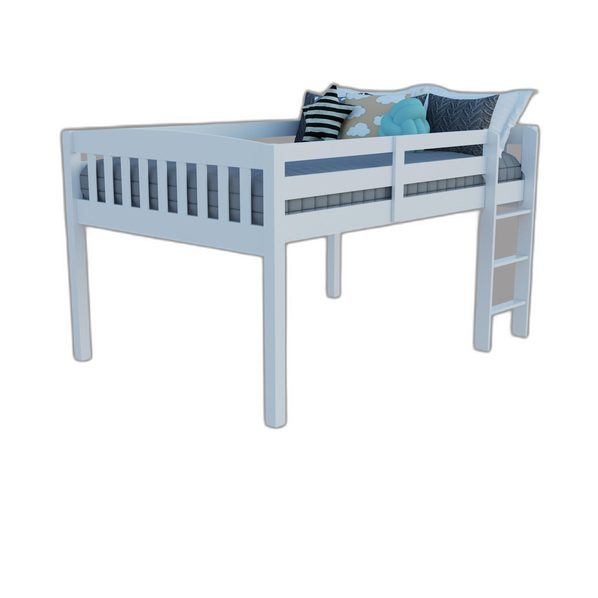 White Solid Wood Full Double Size Low Loft Bed-490209-1