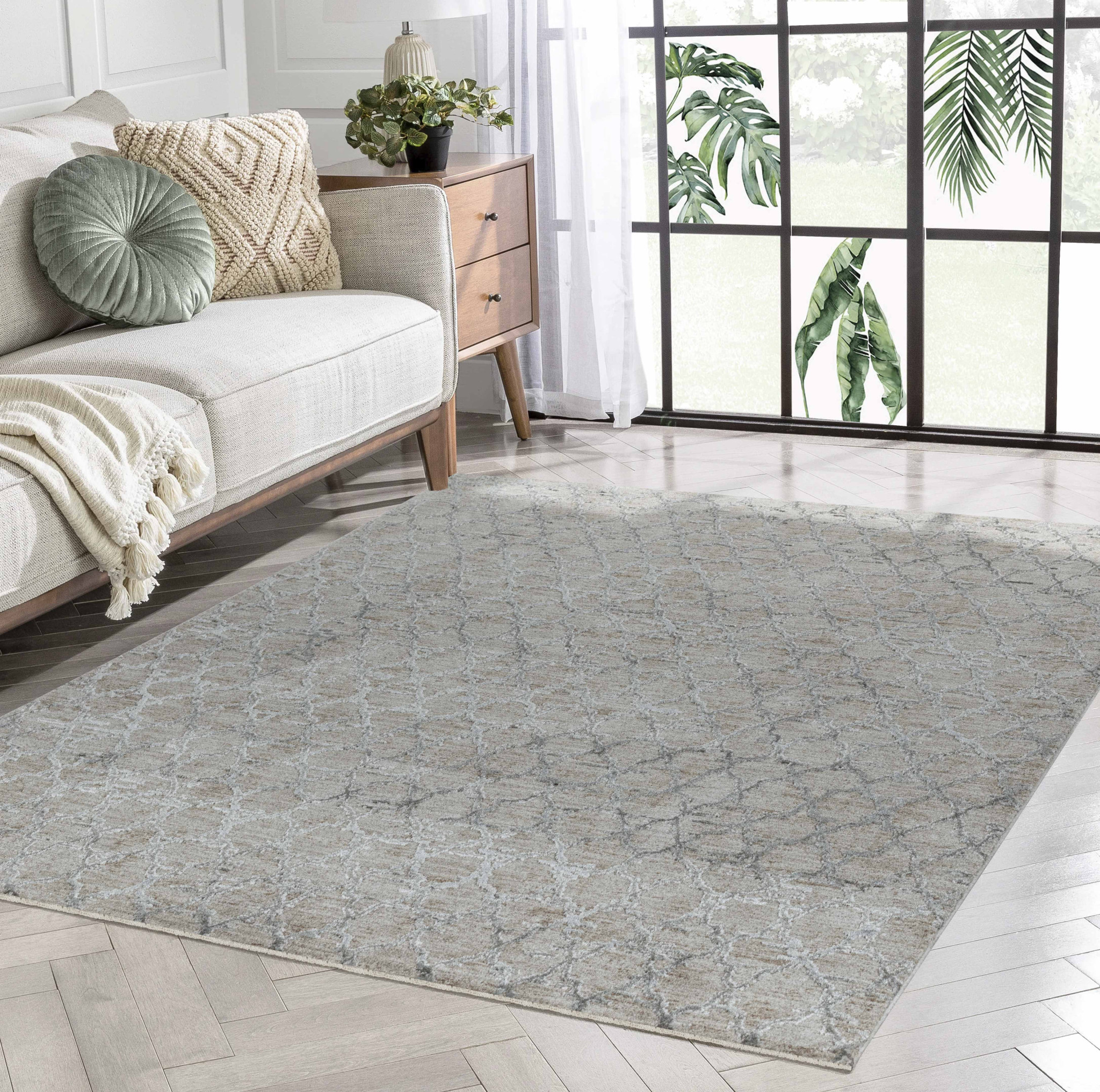 5" X 8" Beige Moroccan Stain Resistant Area Rug