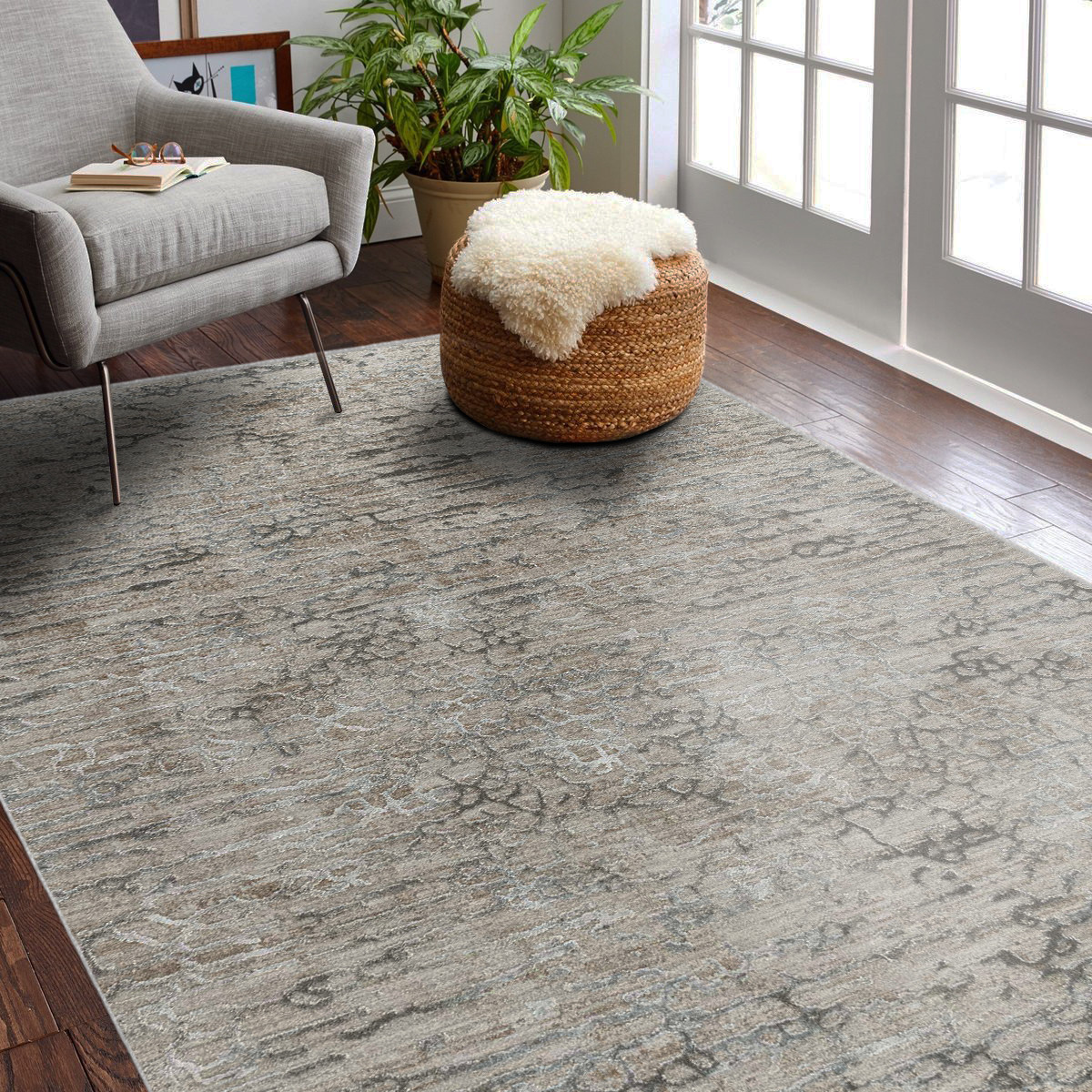 5" X 8" Beige Abstract Stain Resistant Area Rug