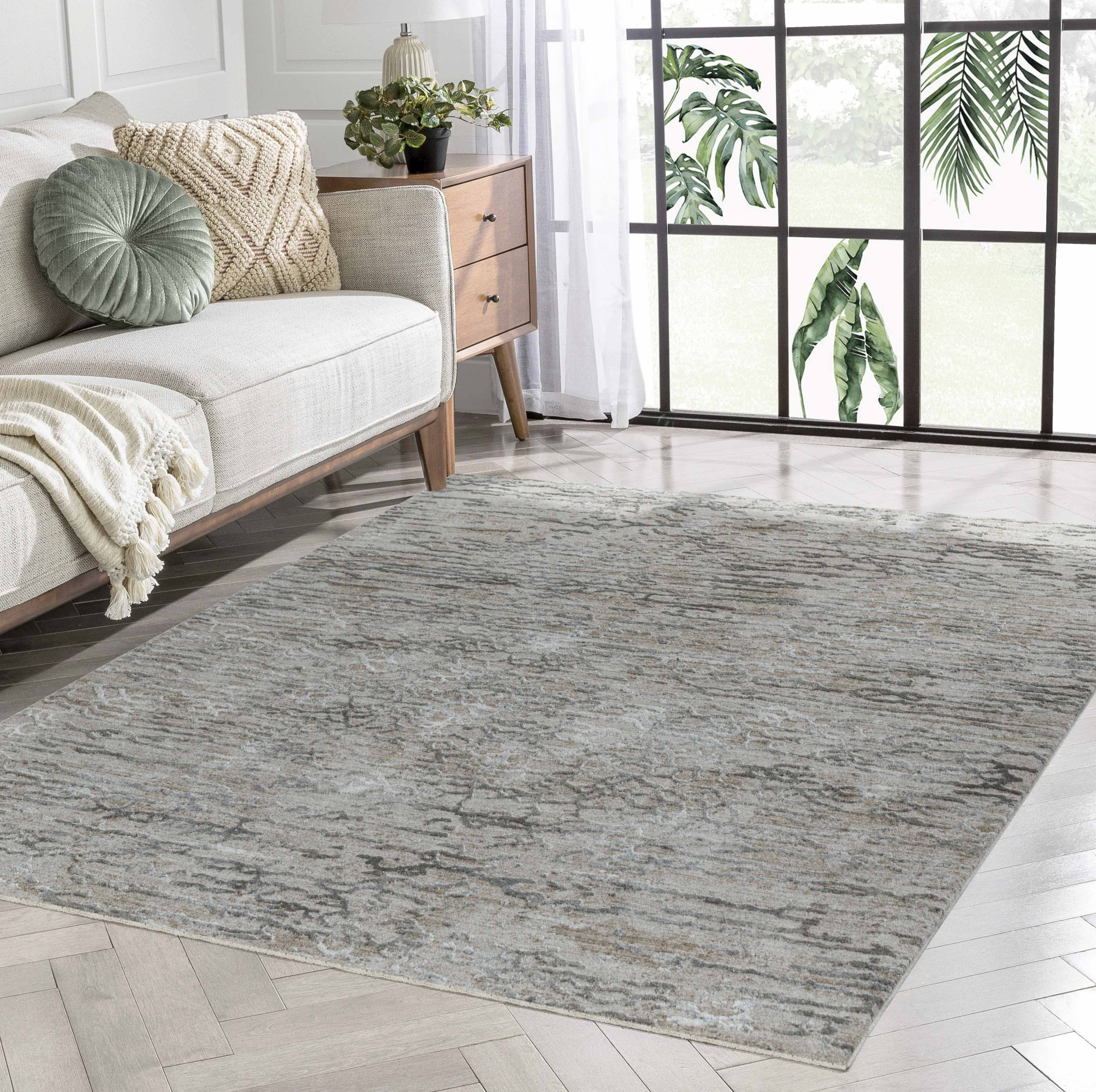 5" X 8" Beige Abstract Stain Resistant Area Rug