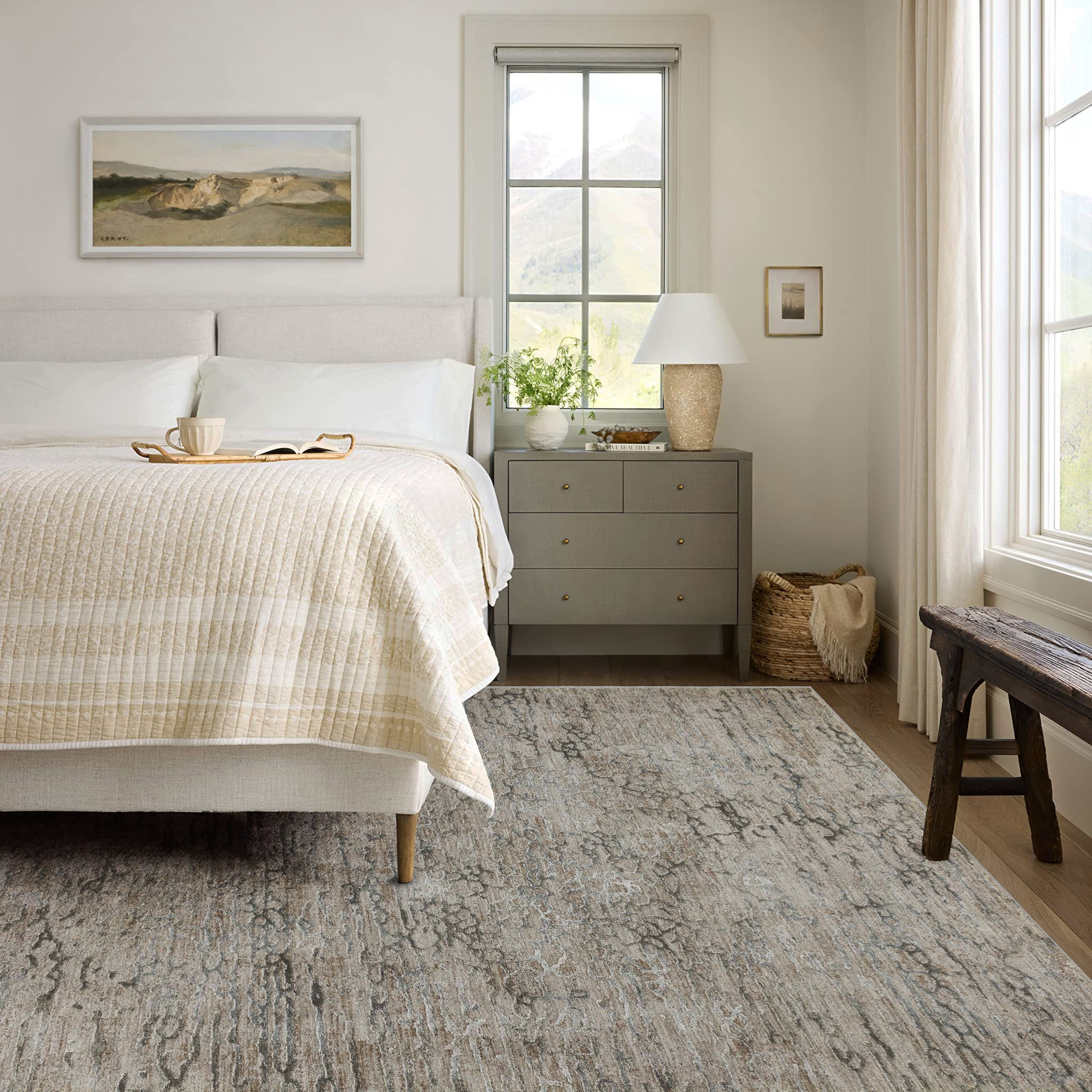 5" X 8" Beige Abstract Stain Resistant Area Rug