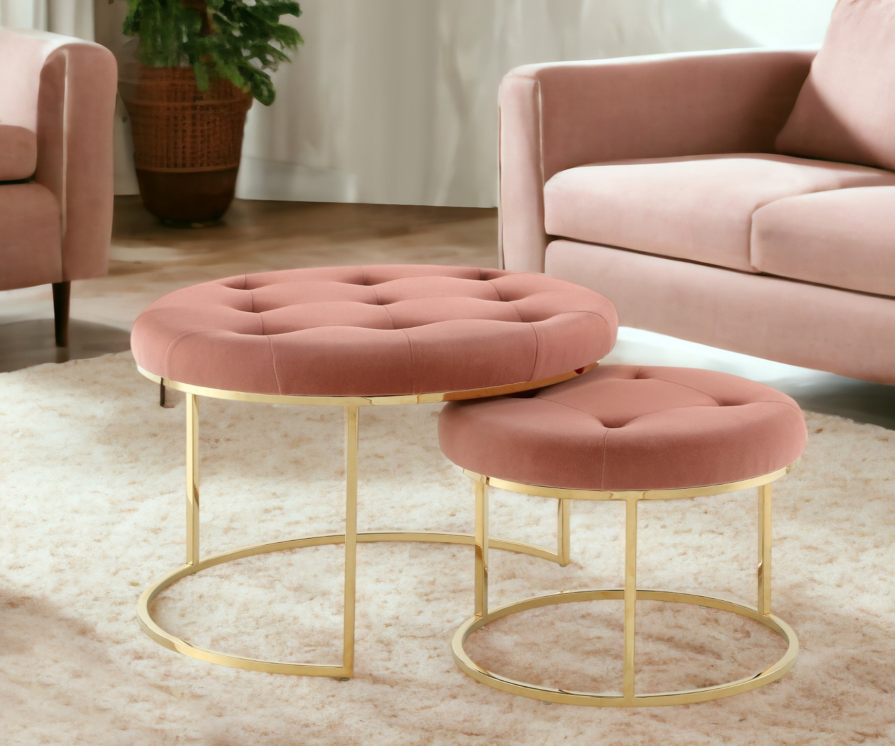Set of Two Blush Velvet and Gold Tufted Round Ottoman-490597-1