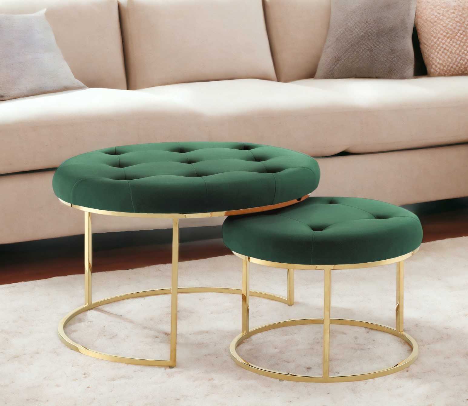 Set of Two Green Velvet and Gold Tufted Round Ottoman-490598-1