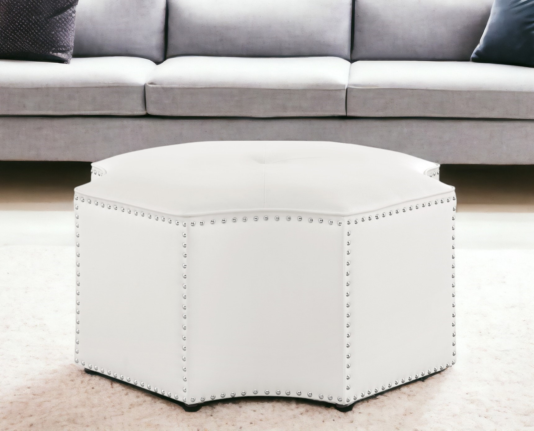 33" White Faux Leather Tufted Octagonal Cocktail Ottoman-490605-1