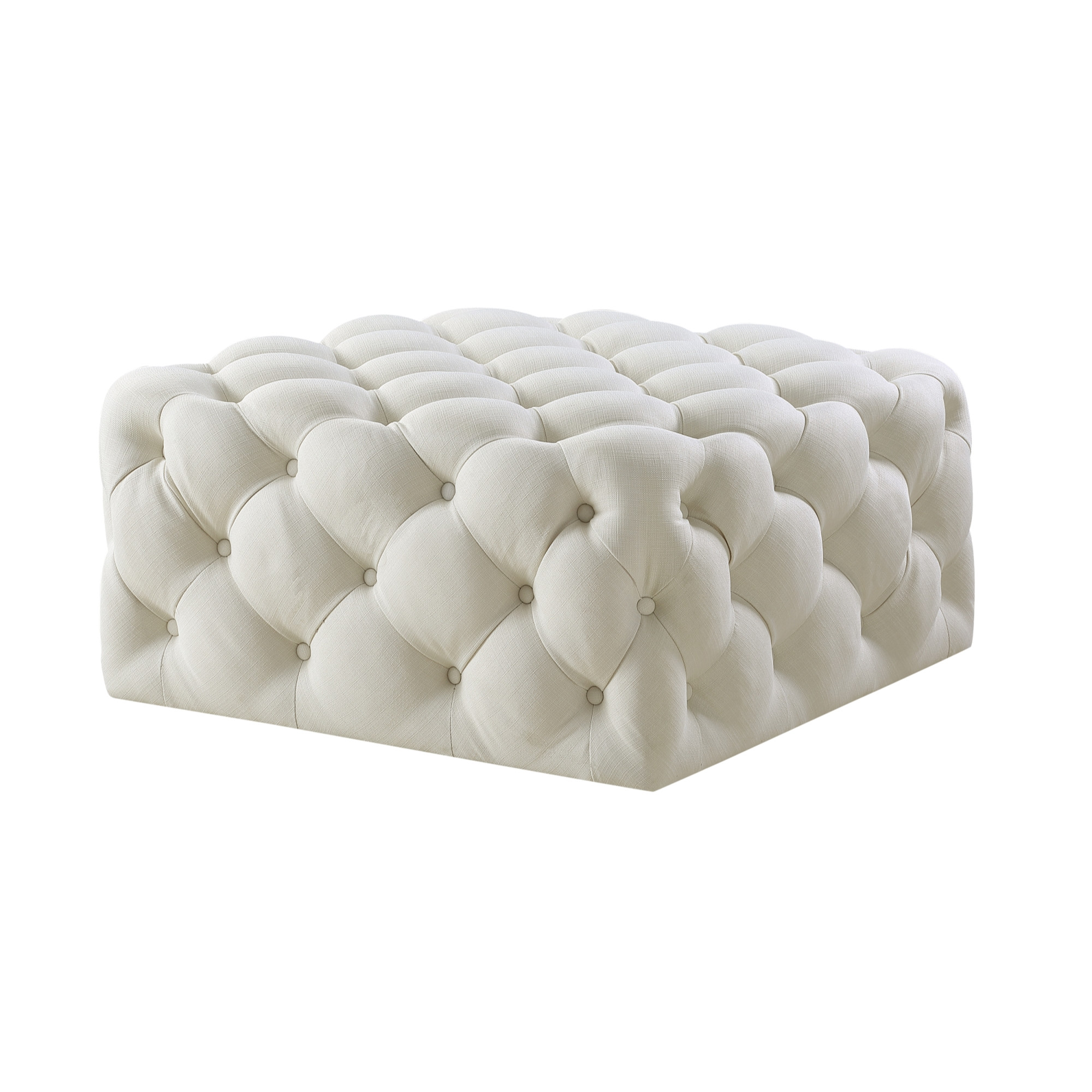 33" White Linen Rolling Tufted Cocktail Ottoman-490619-1