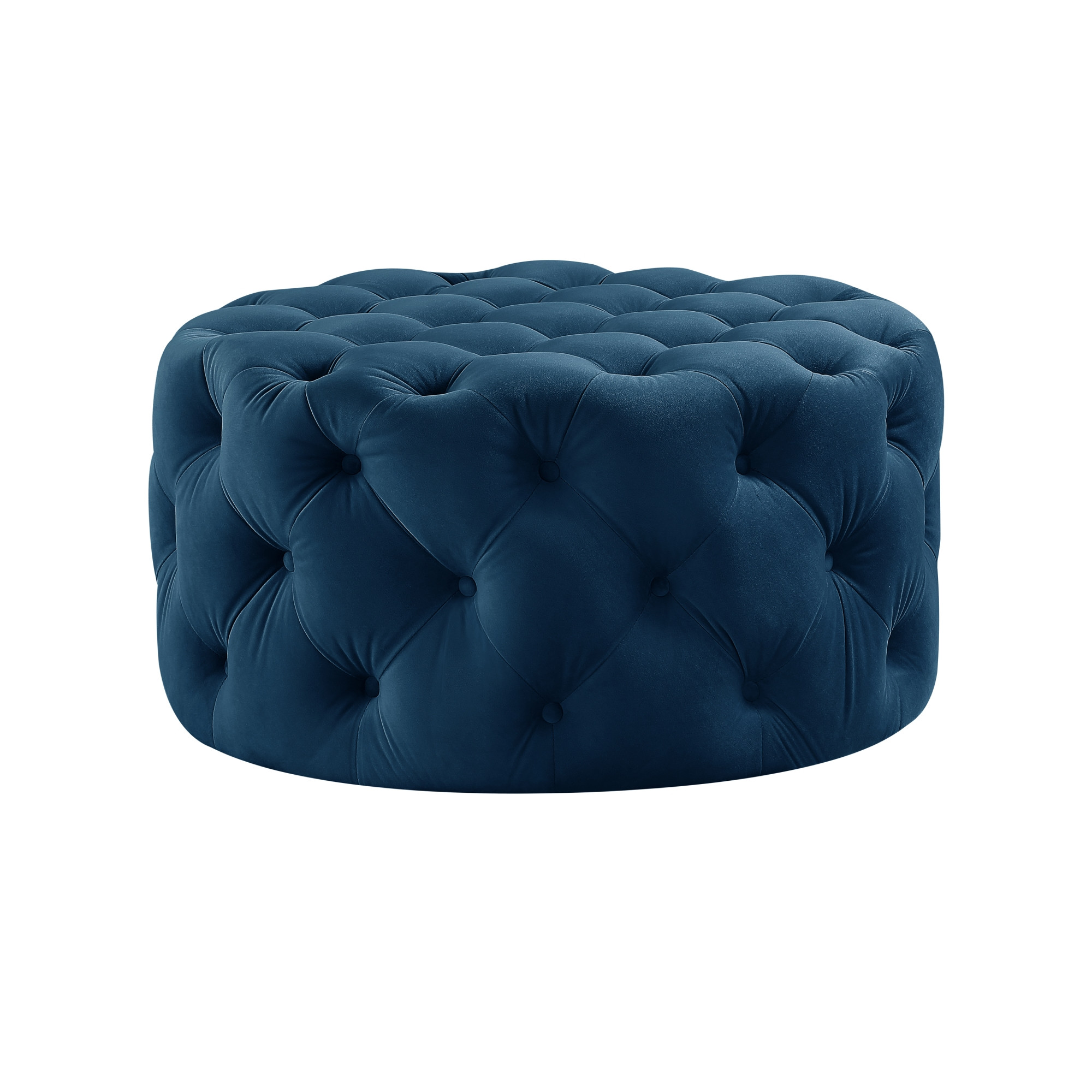 33" Navy Blue Velvet Rolling Tufted Round Cocktail Ottoman-490623-1