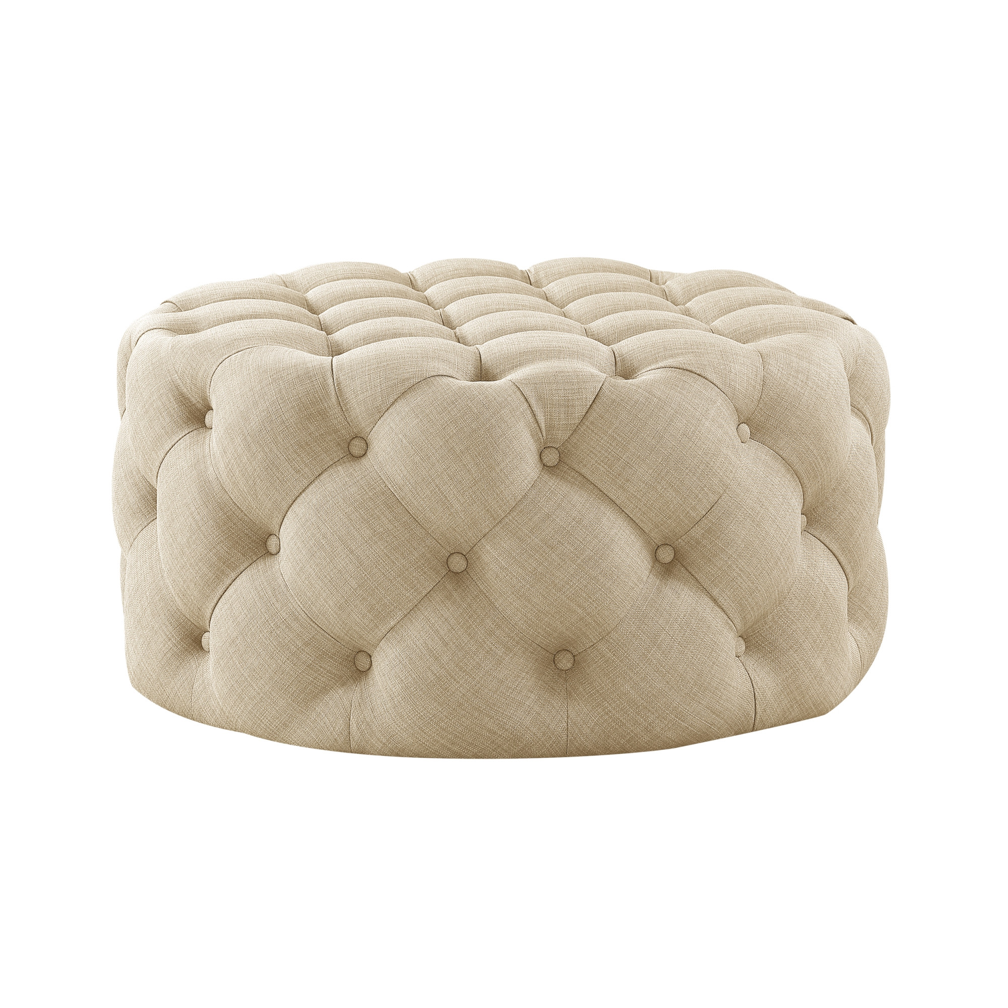 33" Beige Linen  Rolling Tufted Round Cocktail Ottoman-490624-1