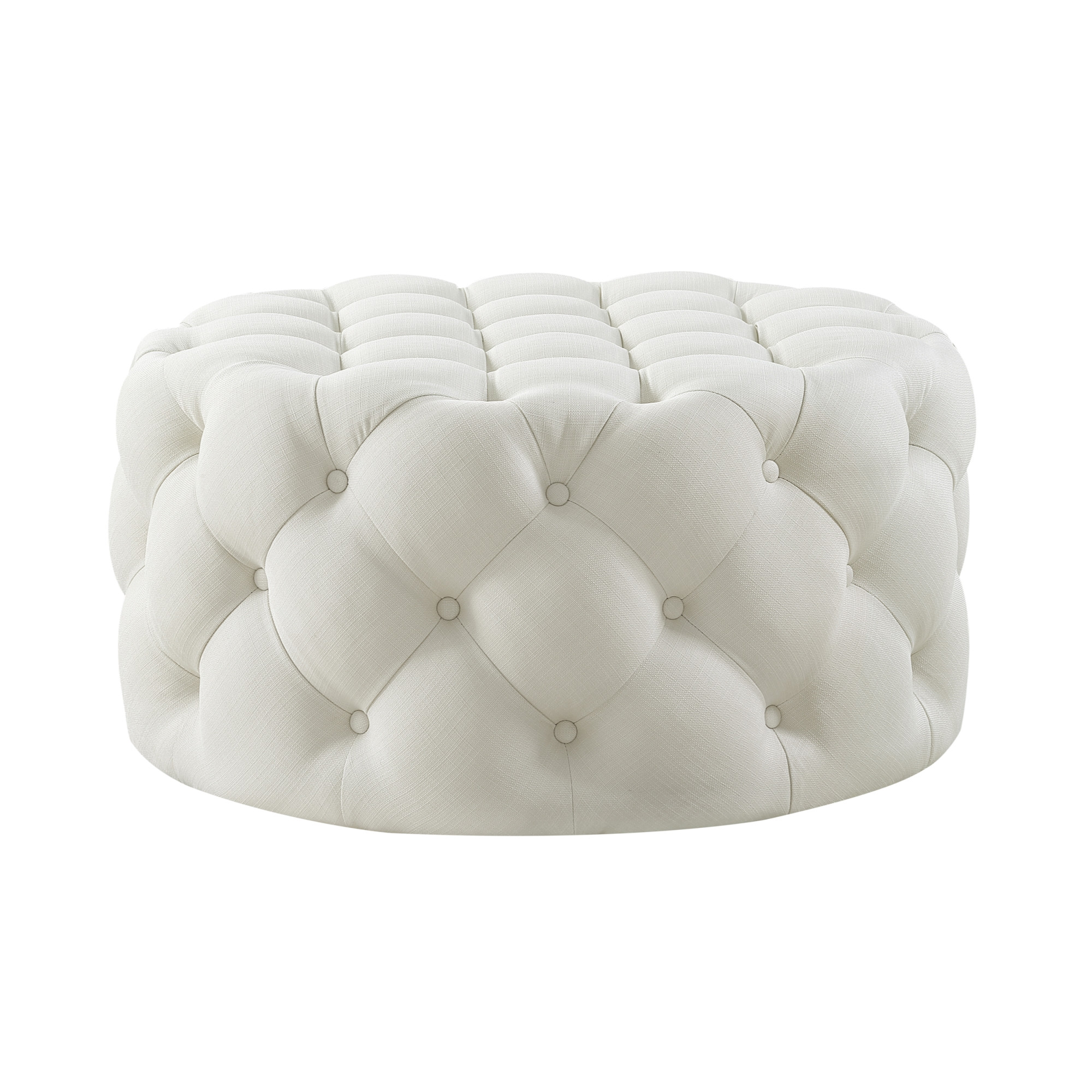 33" White Linen Rolling Tufted Round Cocktail Ottoman-490625-1