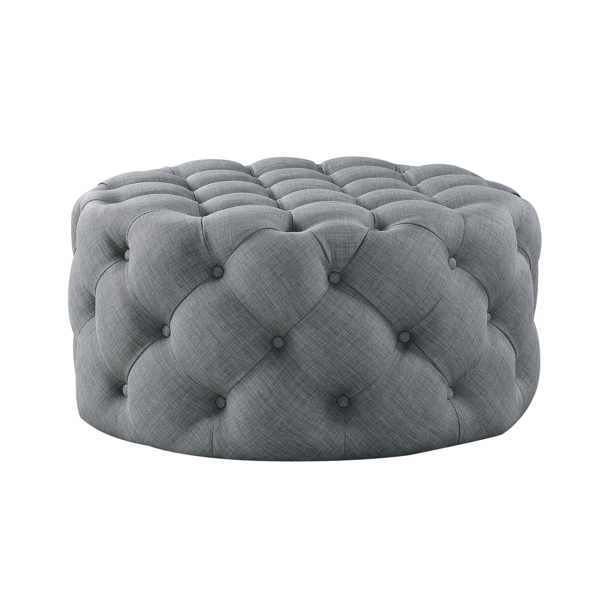 33" Light Gray Linen Rolling Tufted Round Cocktail Ottoman-490626-1