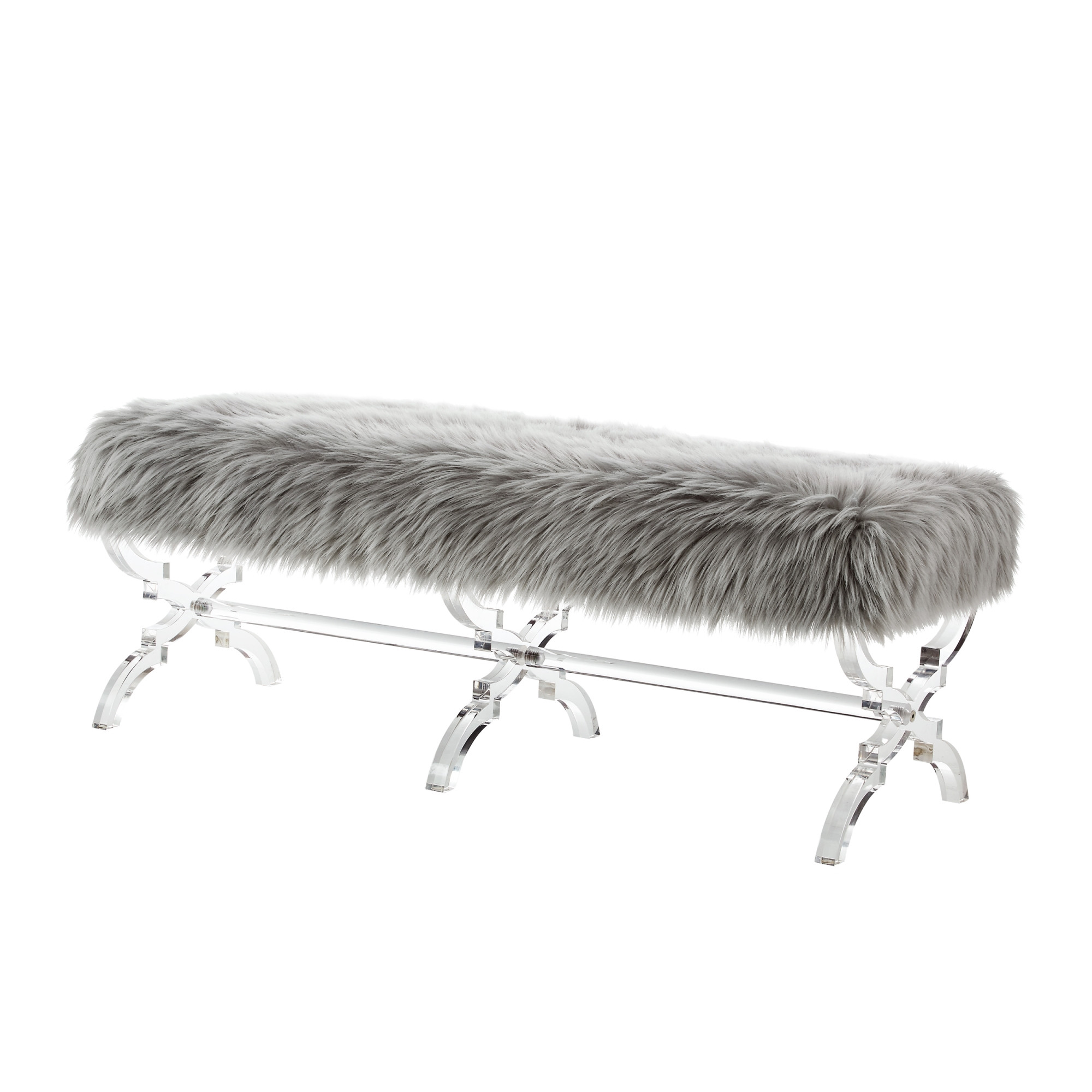 48" Gray And Clear Upholstered Faux Fur Bench-490866-1