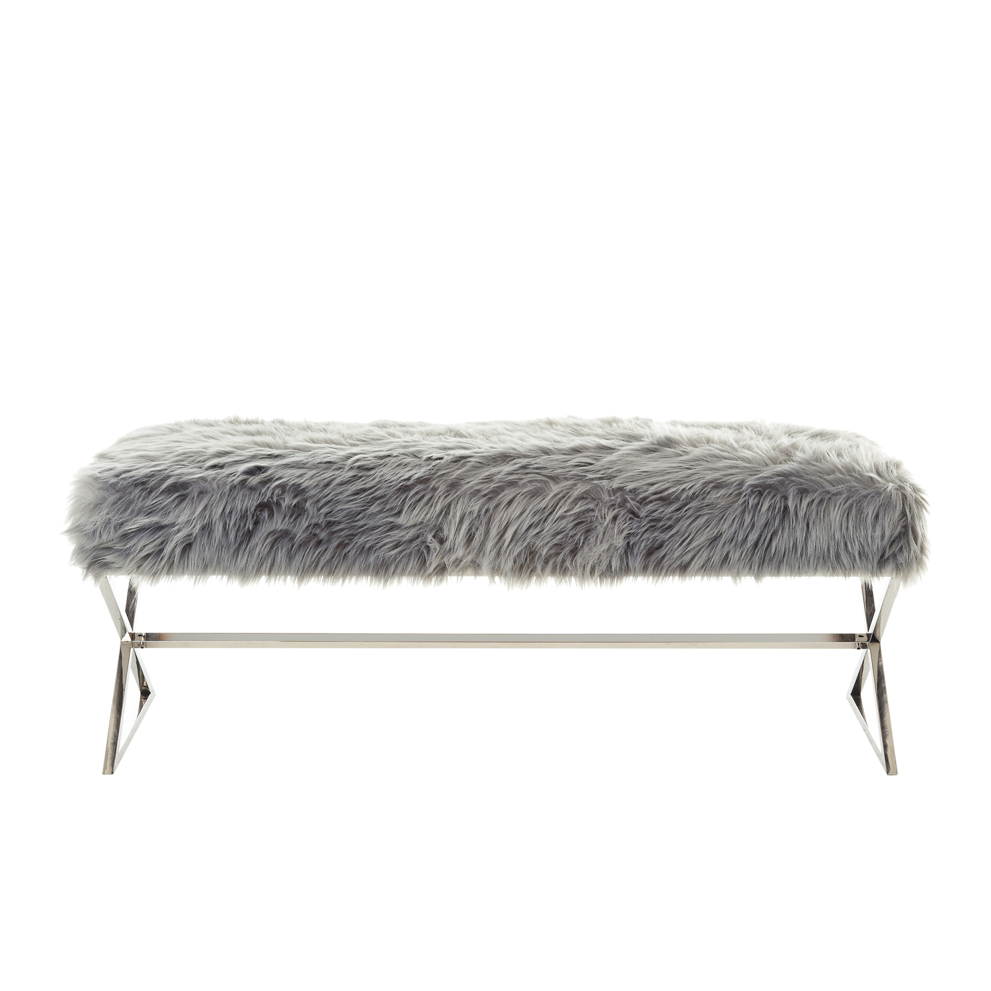 48" Gray And Silver Upholstered Faux Fur Bench-490873-1