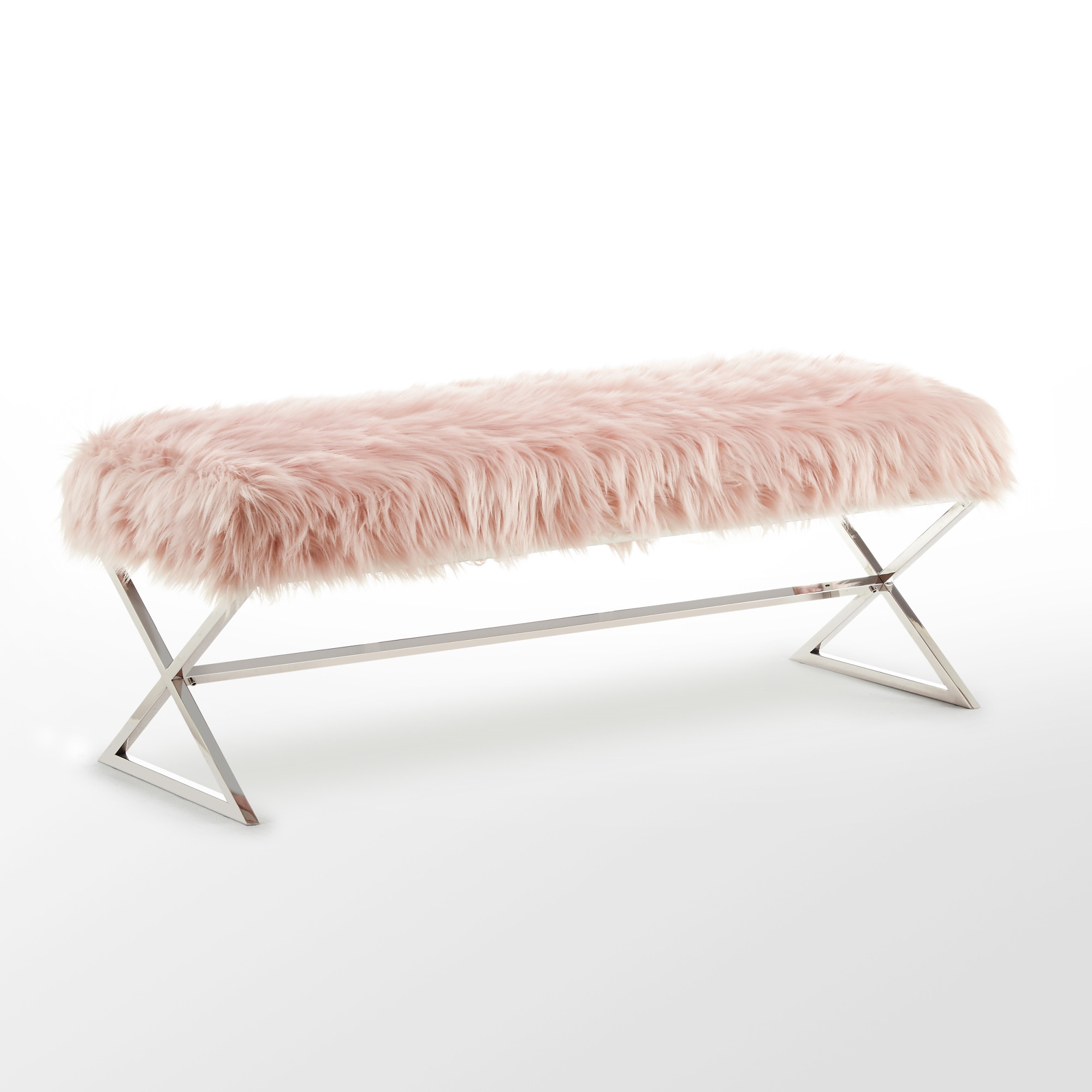 48" Rose And Silver Upholstered Faux Fur Bench-490874-1
