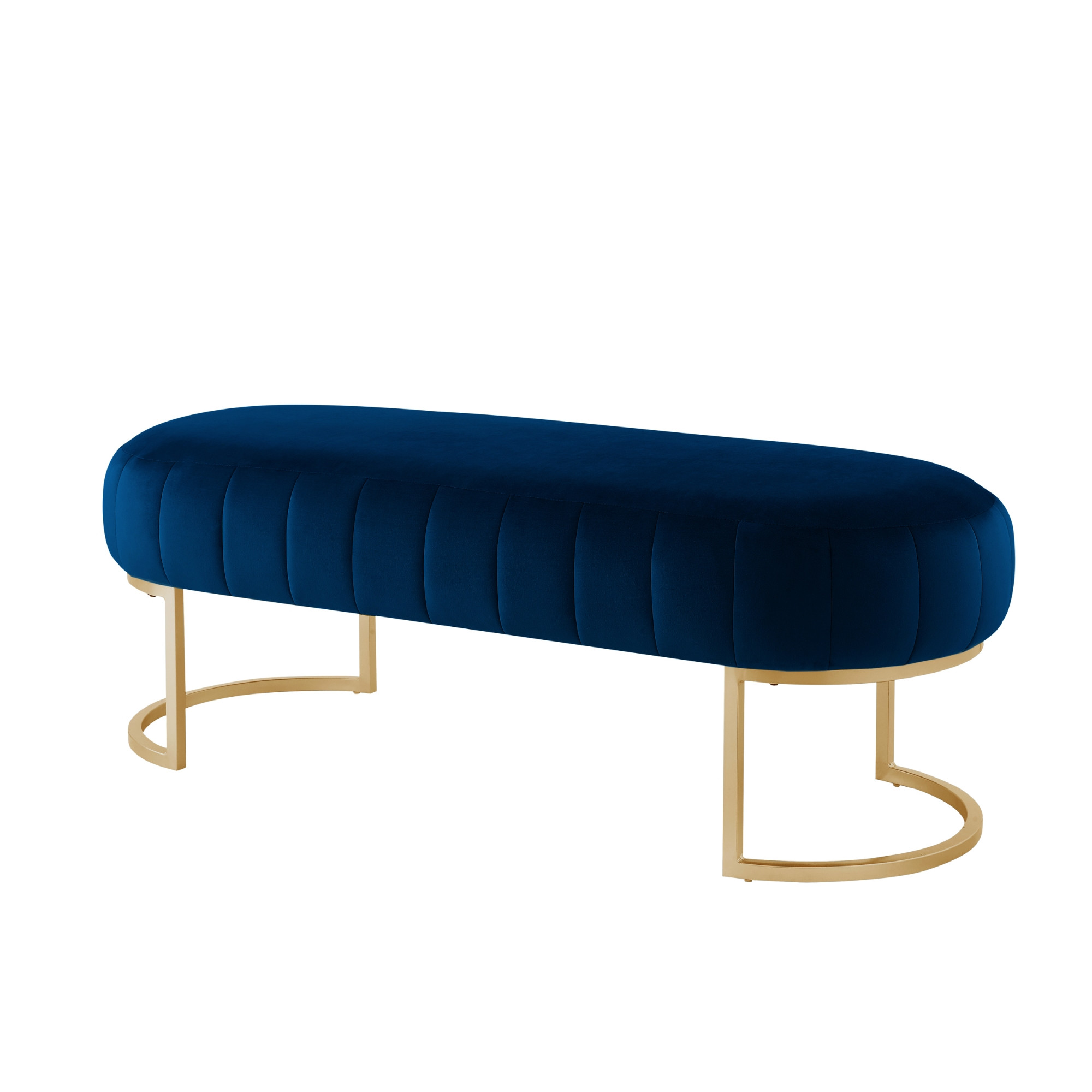 53" Navy Blue And Gold Upholstered Velvet Bench-490887-1