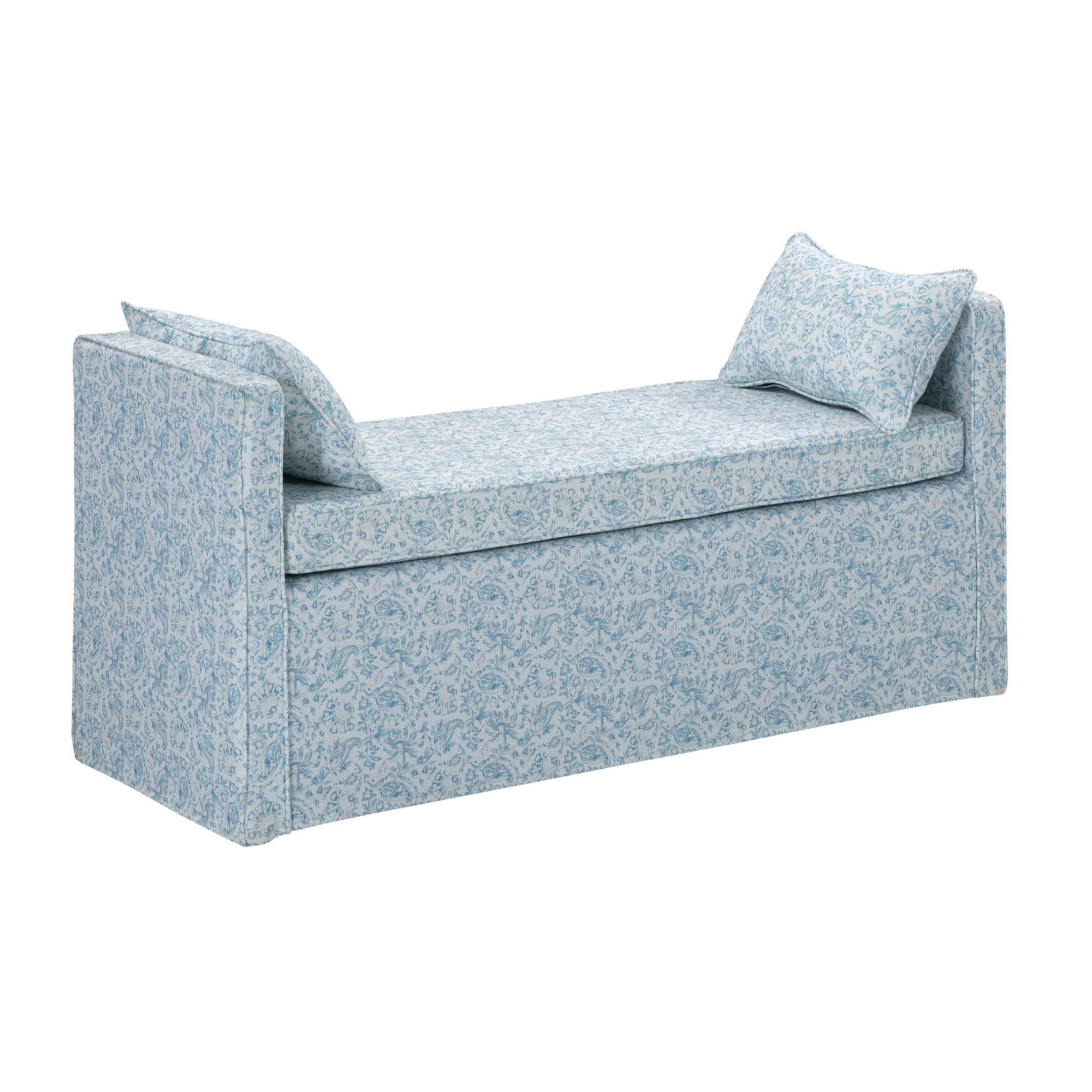 53" Blue And Black Upholstered Linen Floral Bench-490978-1
