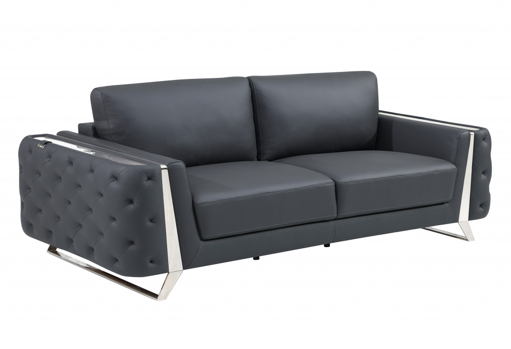 90" Dark Gray And Silver Italian Leather Sofa-491052-1