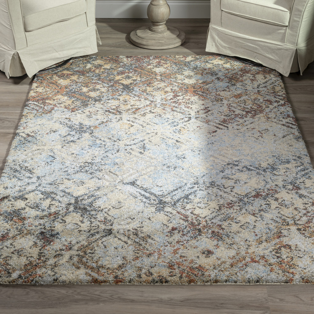 5 X 8 Brown Light Blue And gray Distressed Diamond Area Rug