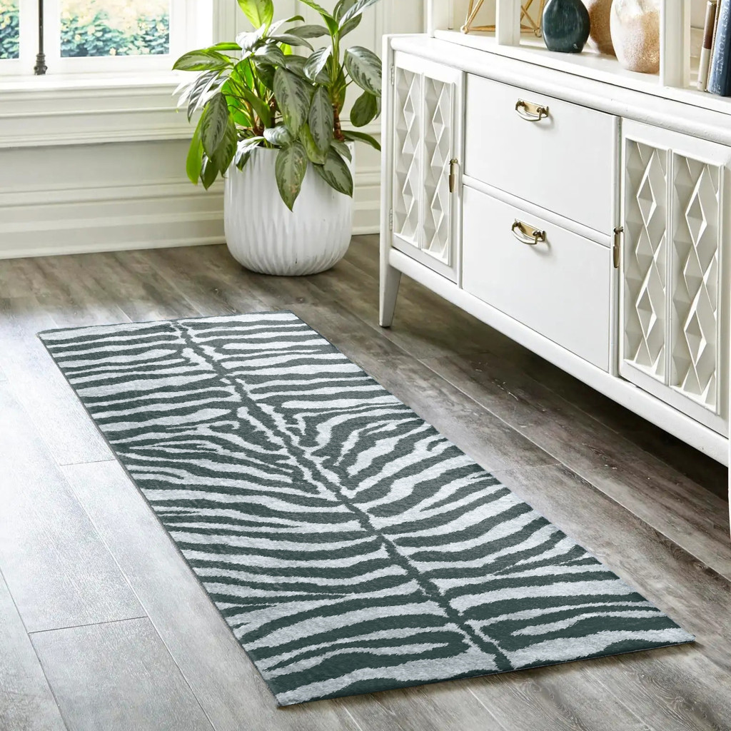 2 X 8 grey Zebra Print Shag Handmade Non Skid Runner Rug