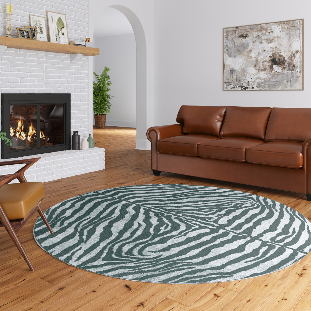 8 X 8 grey Round Zebra Print Shag Handmade Non Skid Area Rug