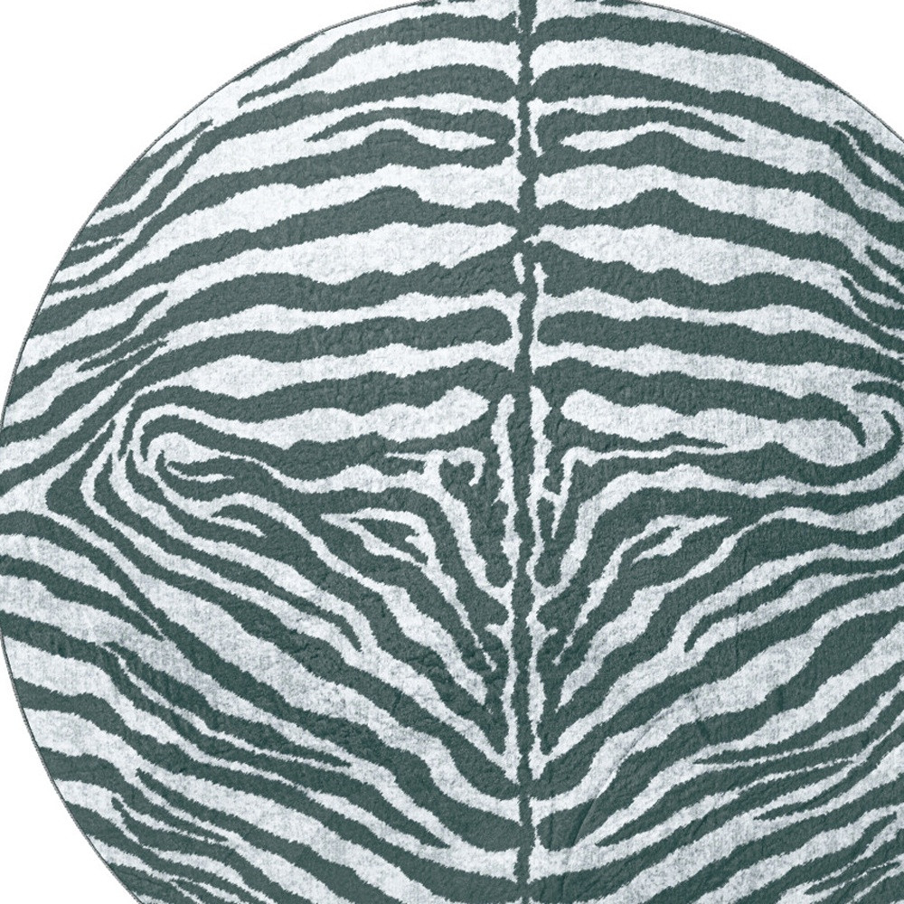 8" X 8" Grey Round Zebra Print Shag Handmade Non Skid Area Rug
