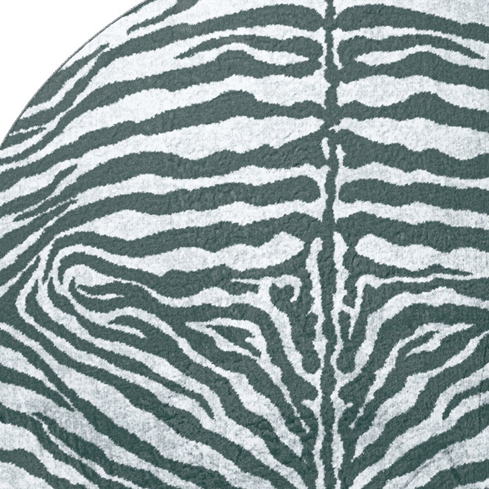 8" X 8" Grey Round Zebra Print Shag Handmade Non Skid Area Rug