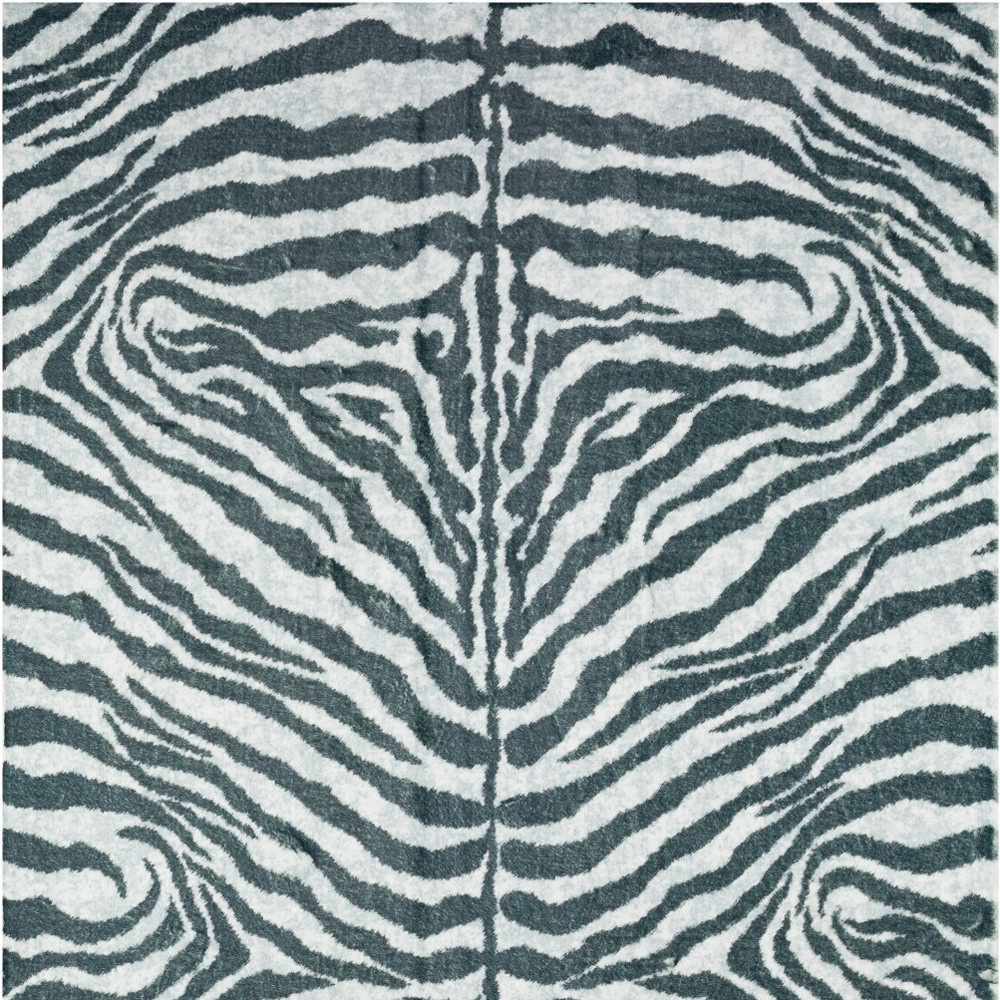 8" X 8" Grey Round Zebra Print Shag Handmade Non Skid Area Rug