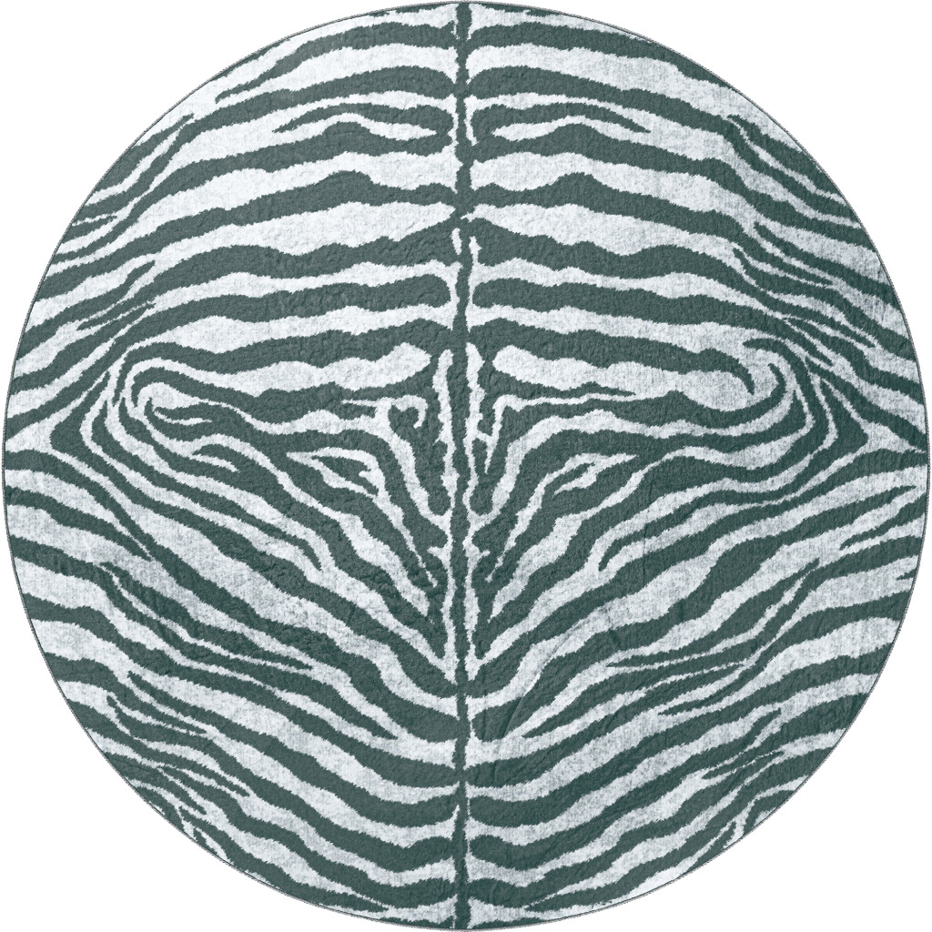 8" X 8" Grey Round Zebra Print Shag Handmade Non Skid Area Rug
