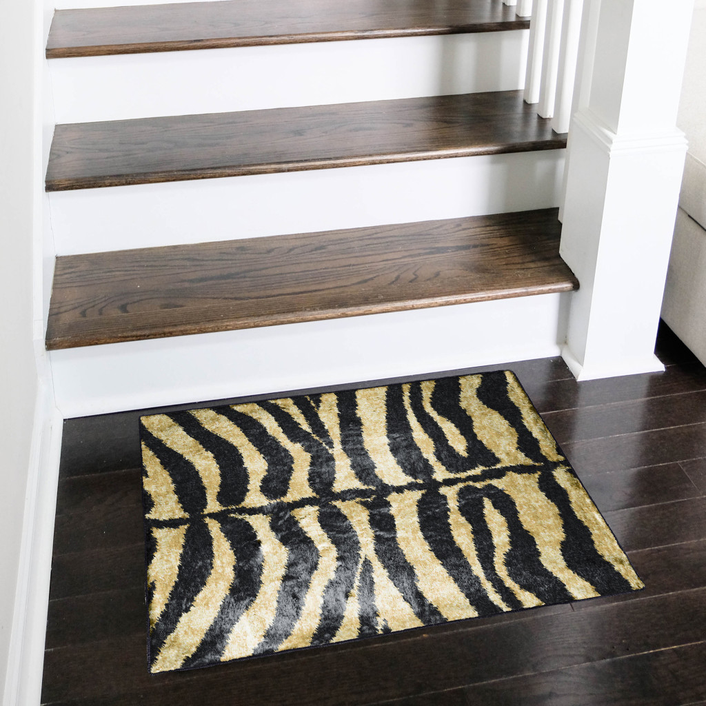2" X 3" Black and Gold Animal Print Shag Handmade Non Skid Area Rug