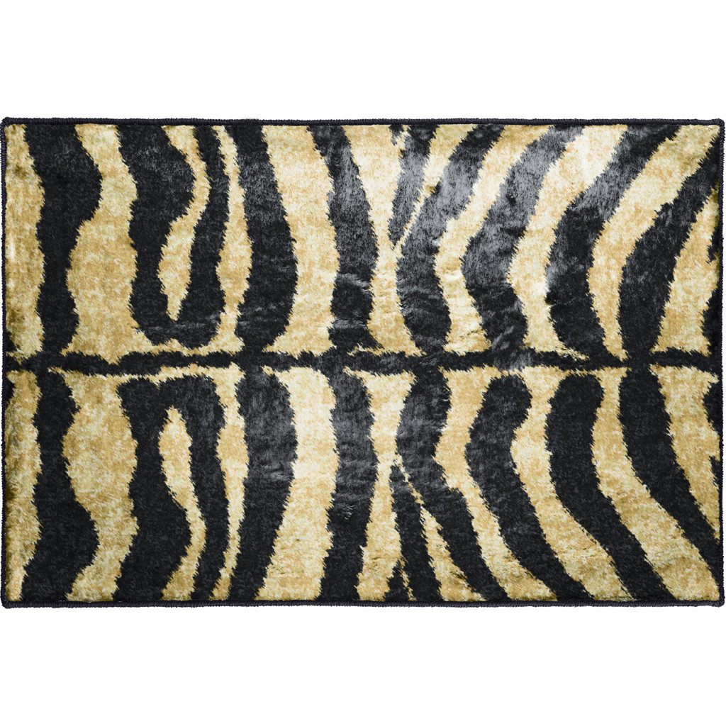 2" X 3" Black and Gold Animal Print Shag Handmade Non Skid Area Rug