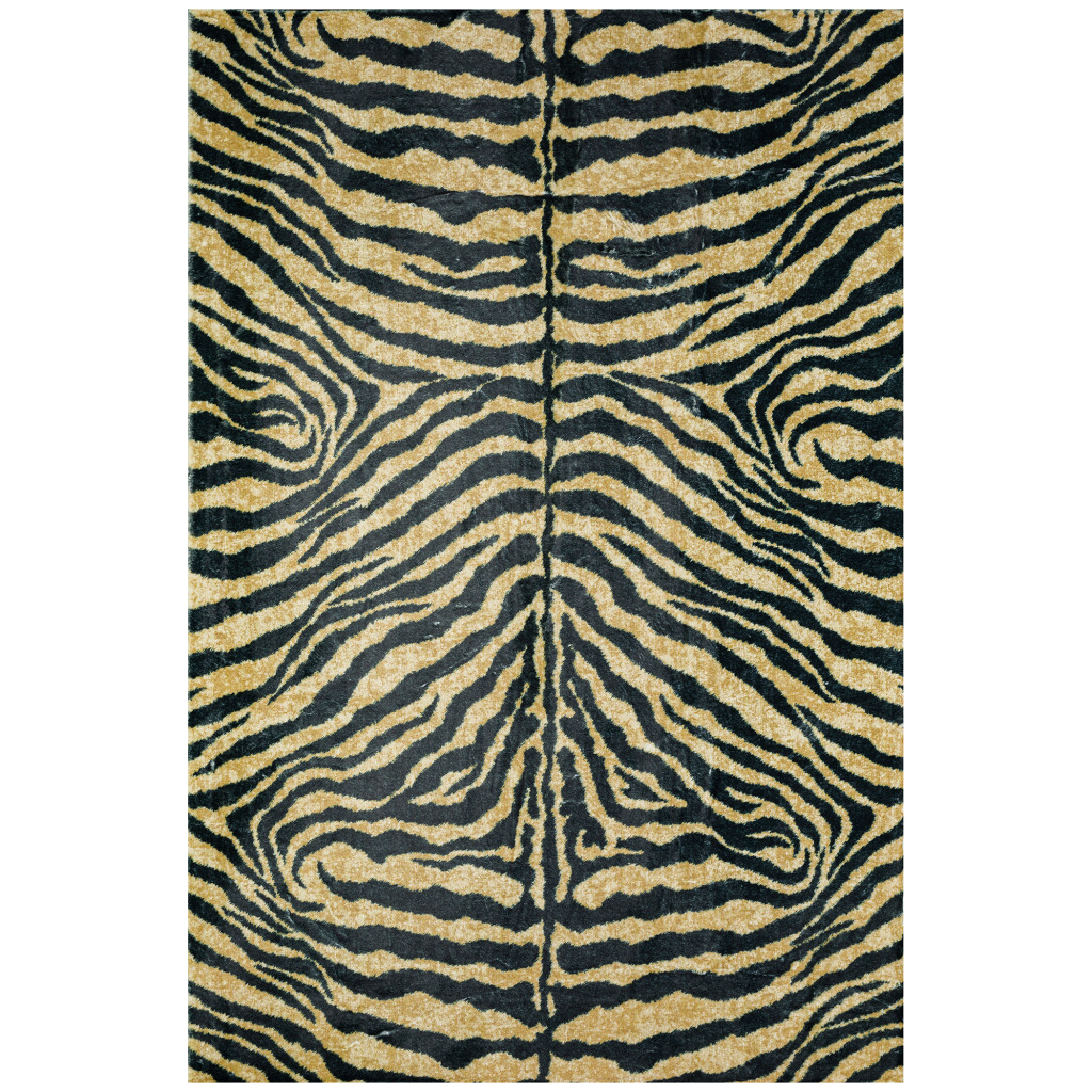 5" X 8" Black and Gold Animal Print Shag Handmade Non Skid Area Rug