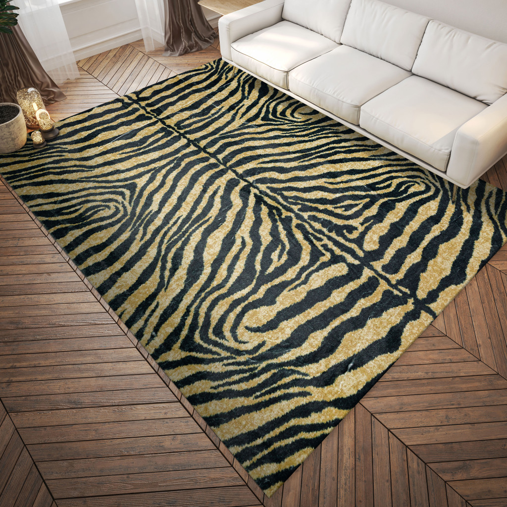 8" X 10" Black and Gold Animal Print Shag Handmade Non Skid Area Rug