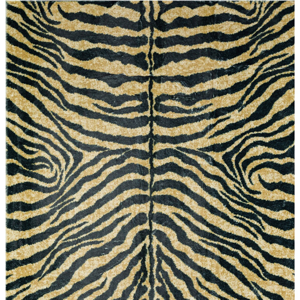 8" X 10" Black and Gold Animal Print Shag Handmade Non Skid Area Rug