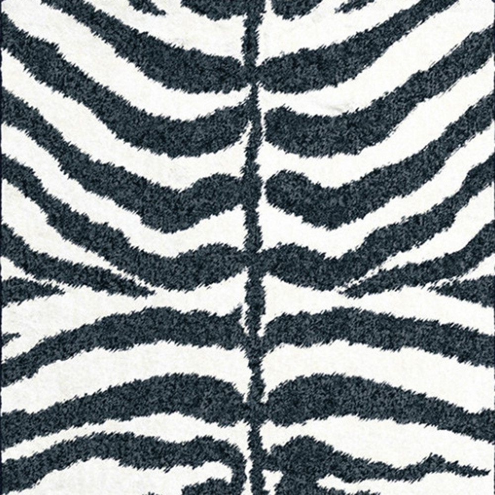 3" X 8" Black and White Zebra Print Shag Handmade Non Skid Runner Rug