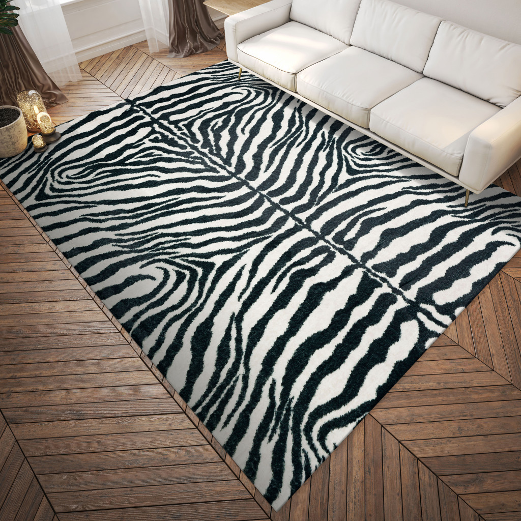 5 X 8 Black and White Zebra Print Shag Handmade Non Skid Area Rug
