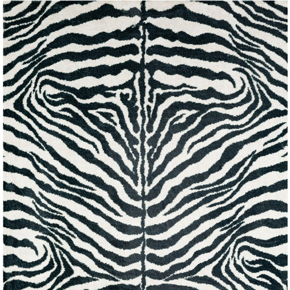 5" X 8" Black and White Zebra Print Shag Handmade Non Skid Area Rug