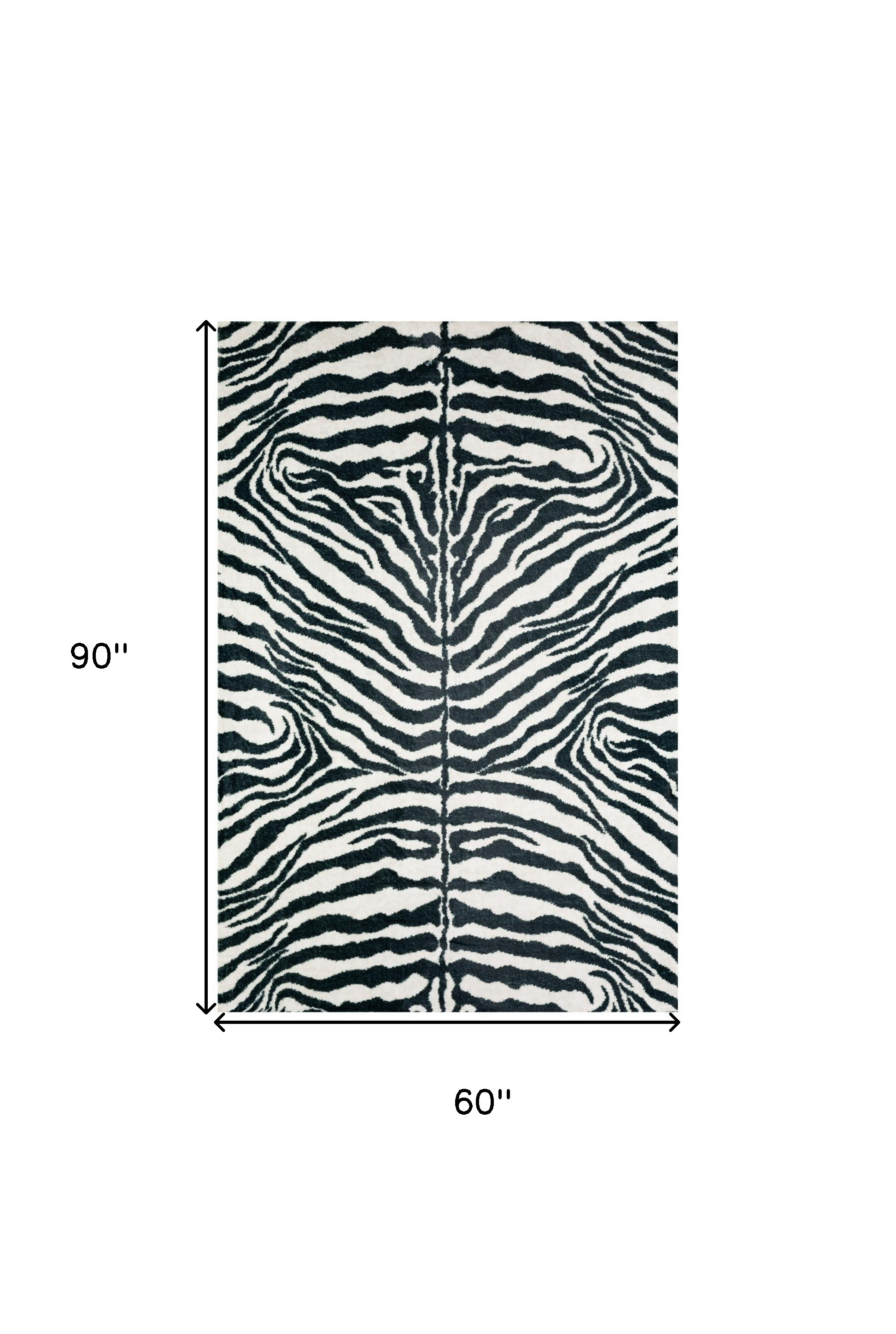 5" X 8" Black and White Zebra Print Shag Handmade Non Skid Area Rug