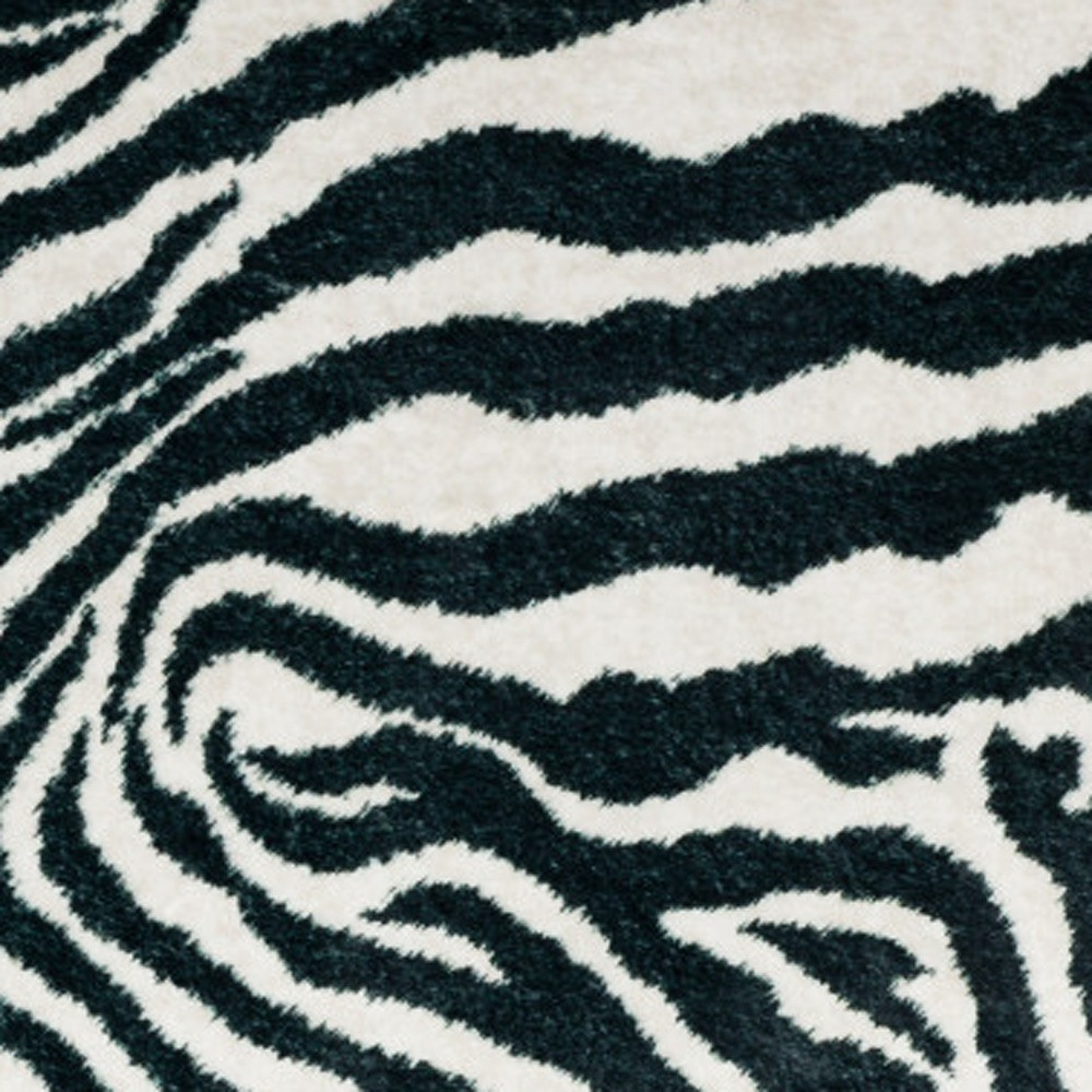 5" X 8" Black and White Zebra Print Shag Handmade Non Skid Area Rug