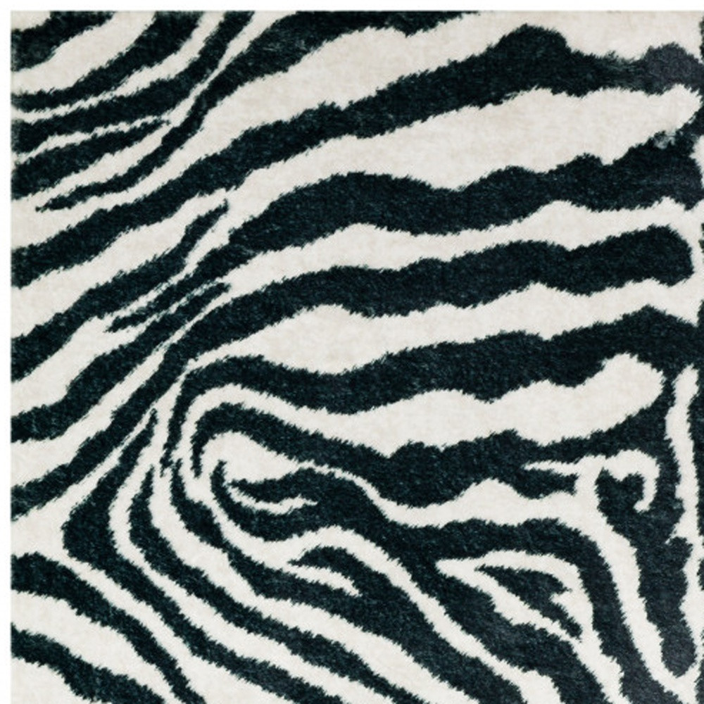 5" X 8" Black and White Zebra Print Shag Handmade Non Skid Area Rug